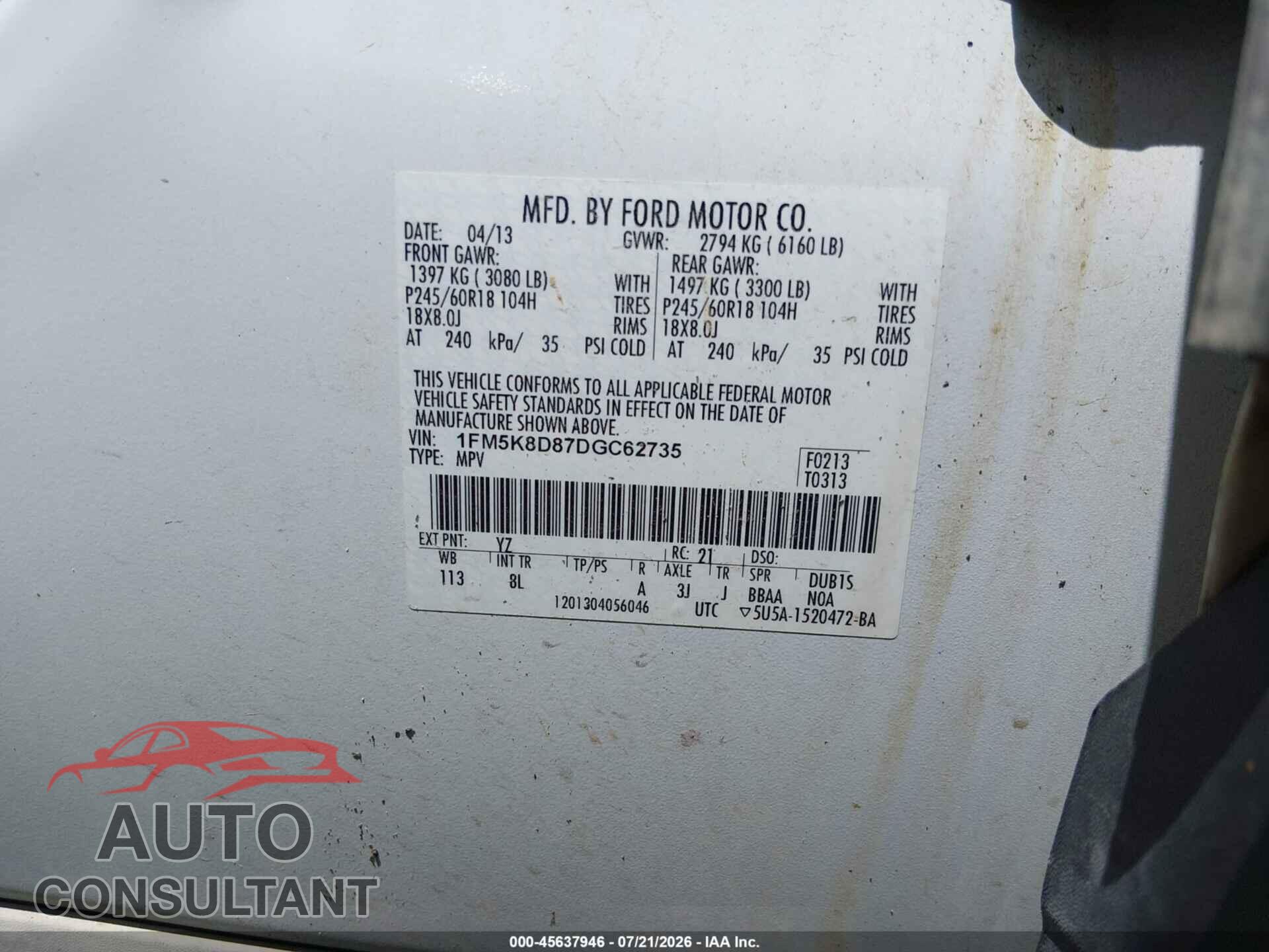 FORD EXPLORER 2013 - 1FM5K8D87DGC62735