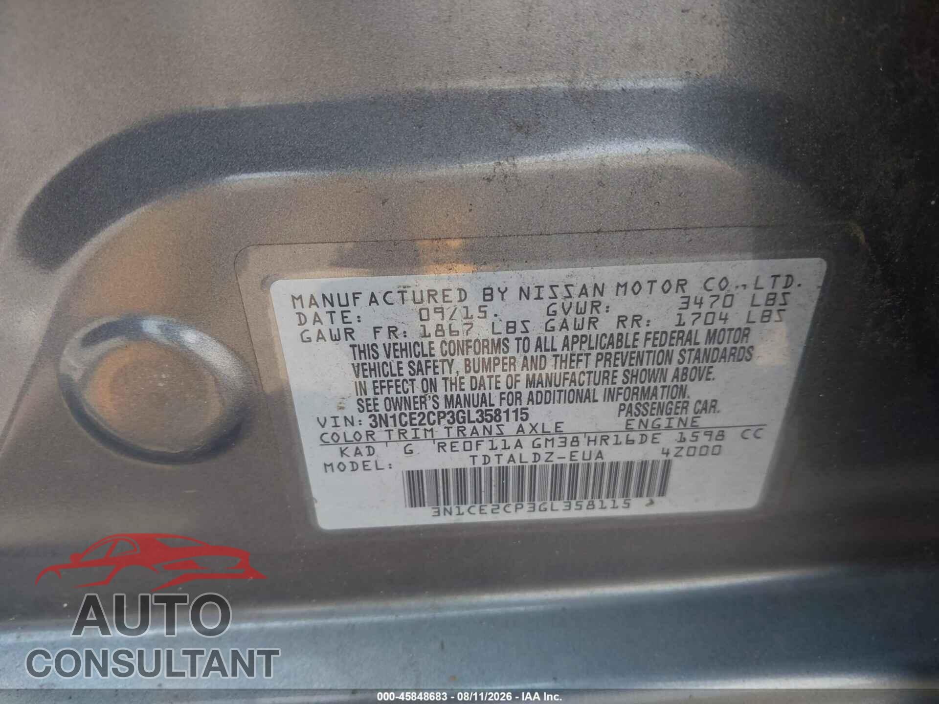 NISSAN VERSA NOTE 2016 - 3N1CE2CP3GL358115