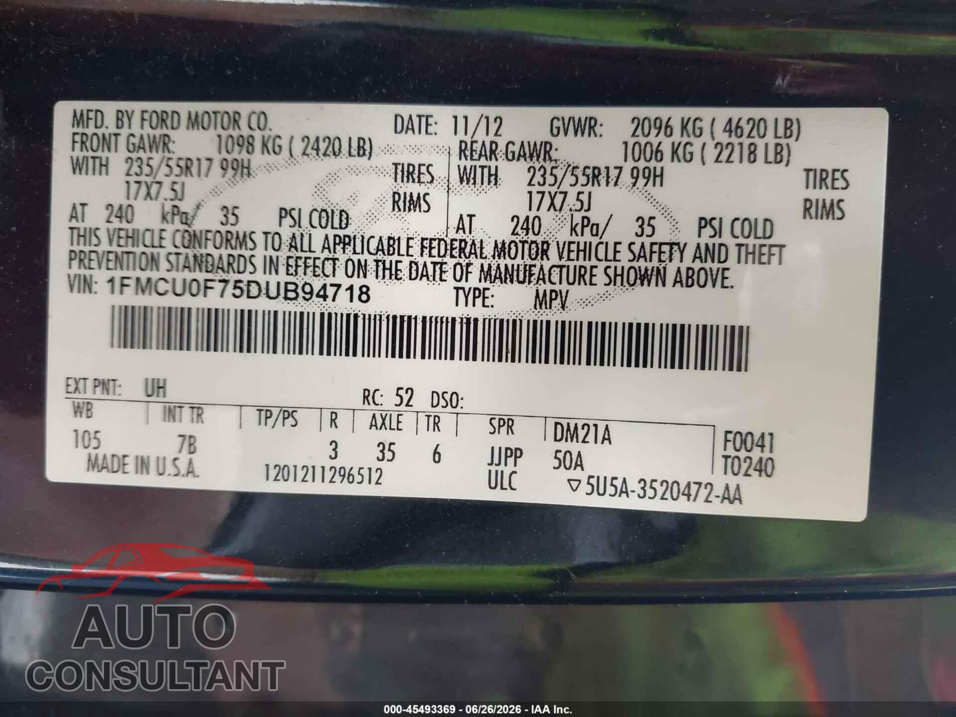 FORD ESCAPE 2013 - 1FMCU0F75DUB94718