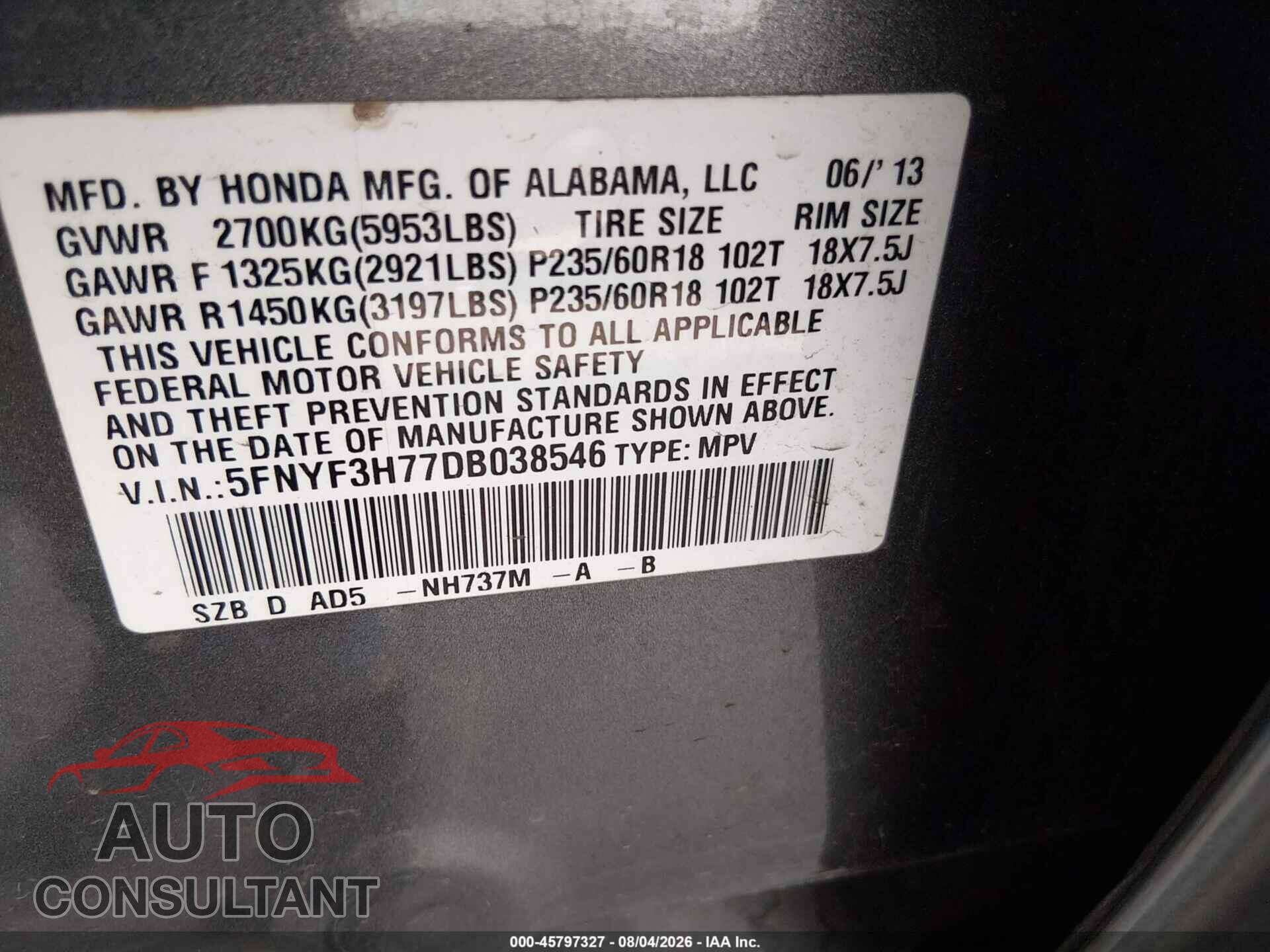 HONDA PILOT 2013 - 5FNYF3H77DB038546