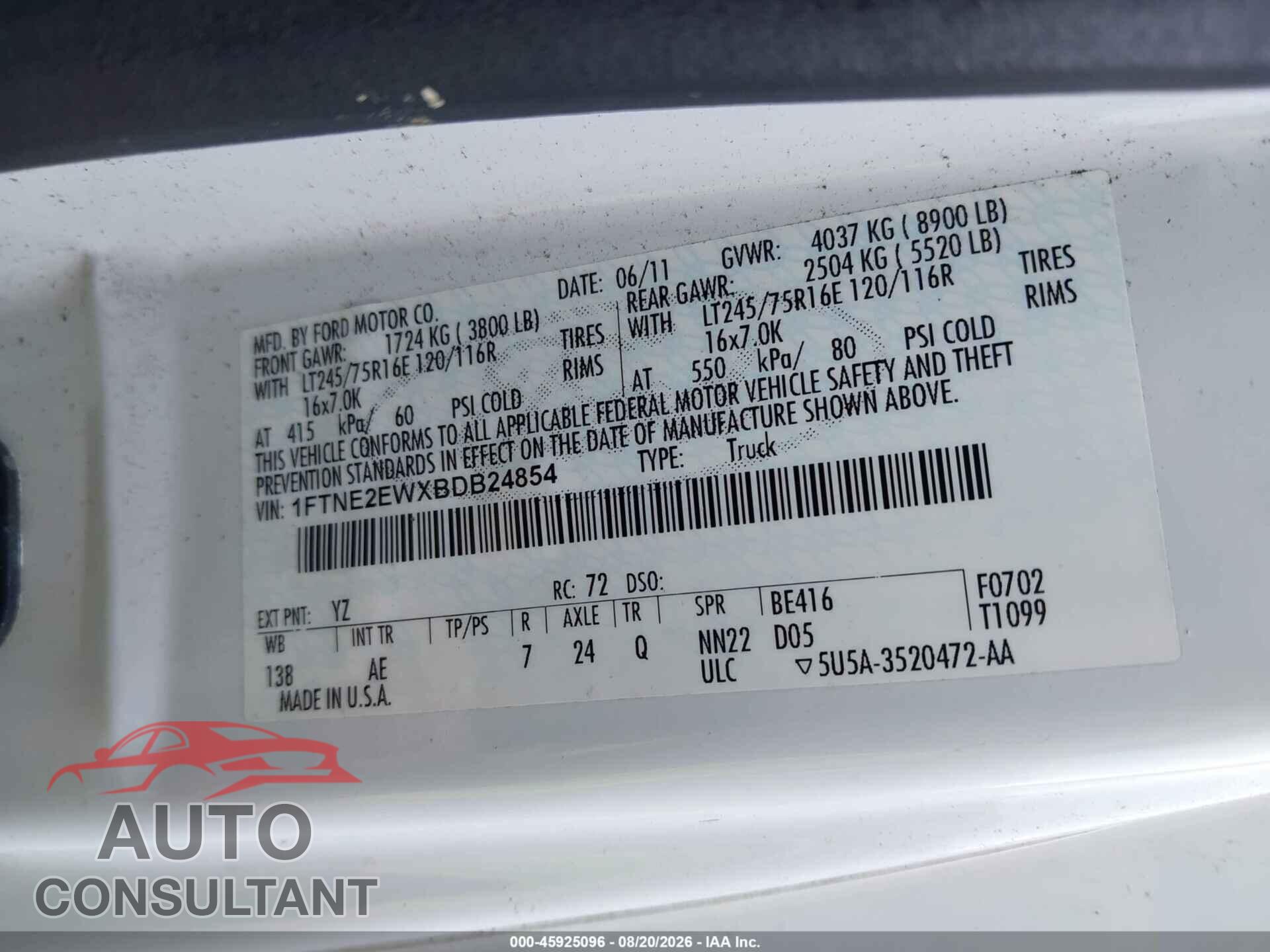 FORD E-250 2011 - 1FTNE2EWXBDB24854