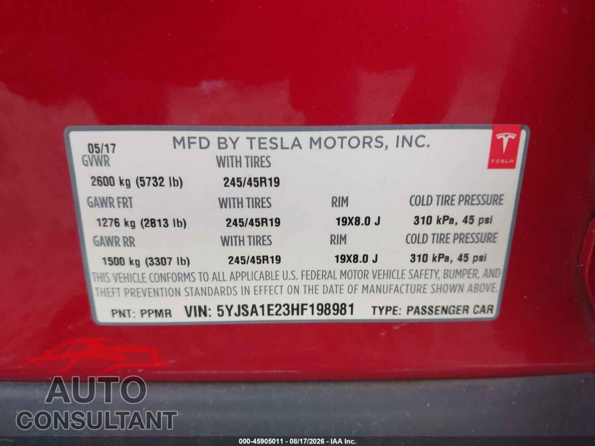 TESLA MODEL S 2017 - 5YJSA1E23HF198981