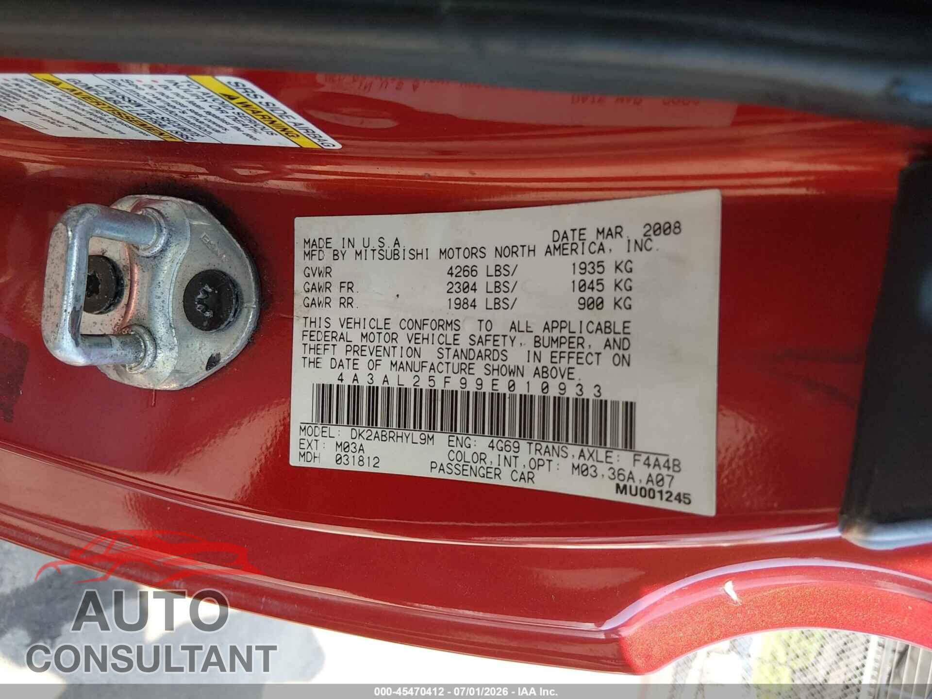 MITSUBISHI ECLIPSE SPYDER 2009 - 4A3AL25F99E010933
