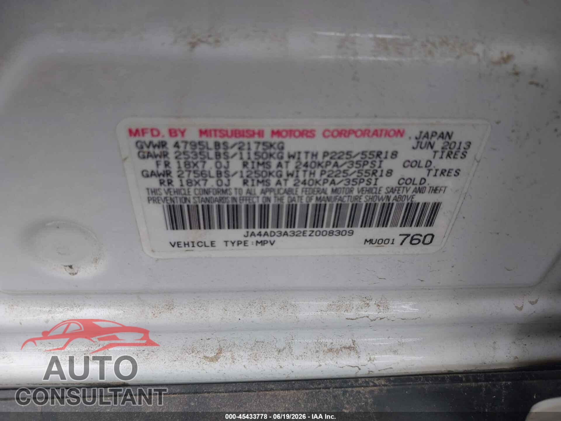 MITSUBISHI OUTLANDER 2014 - JA4AD3A32EZ008309