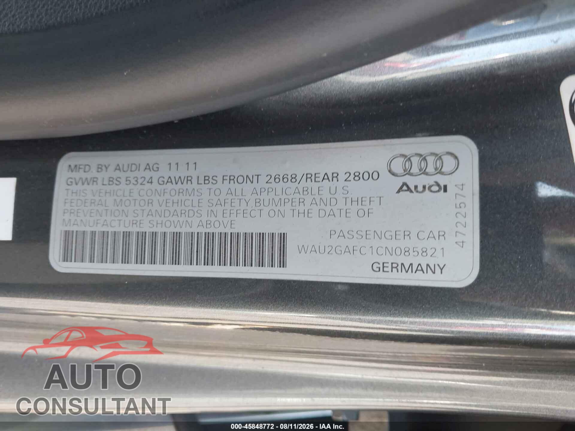 AUDI A7 2012 - WAU2GAFC1CN085821