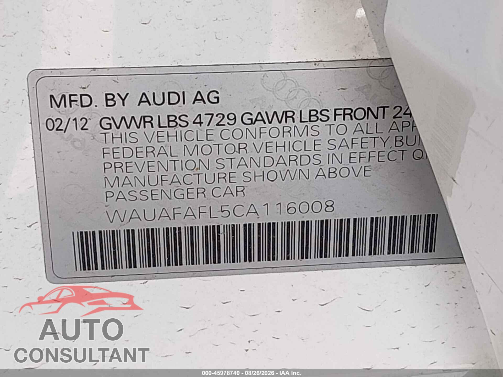 AUDI A4 2012 - WAUAFAFL5CA116008
