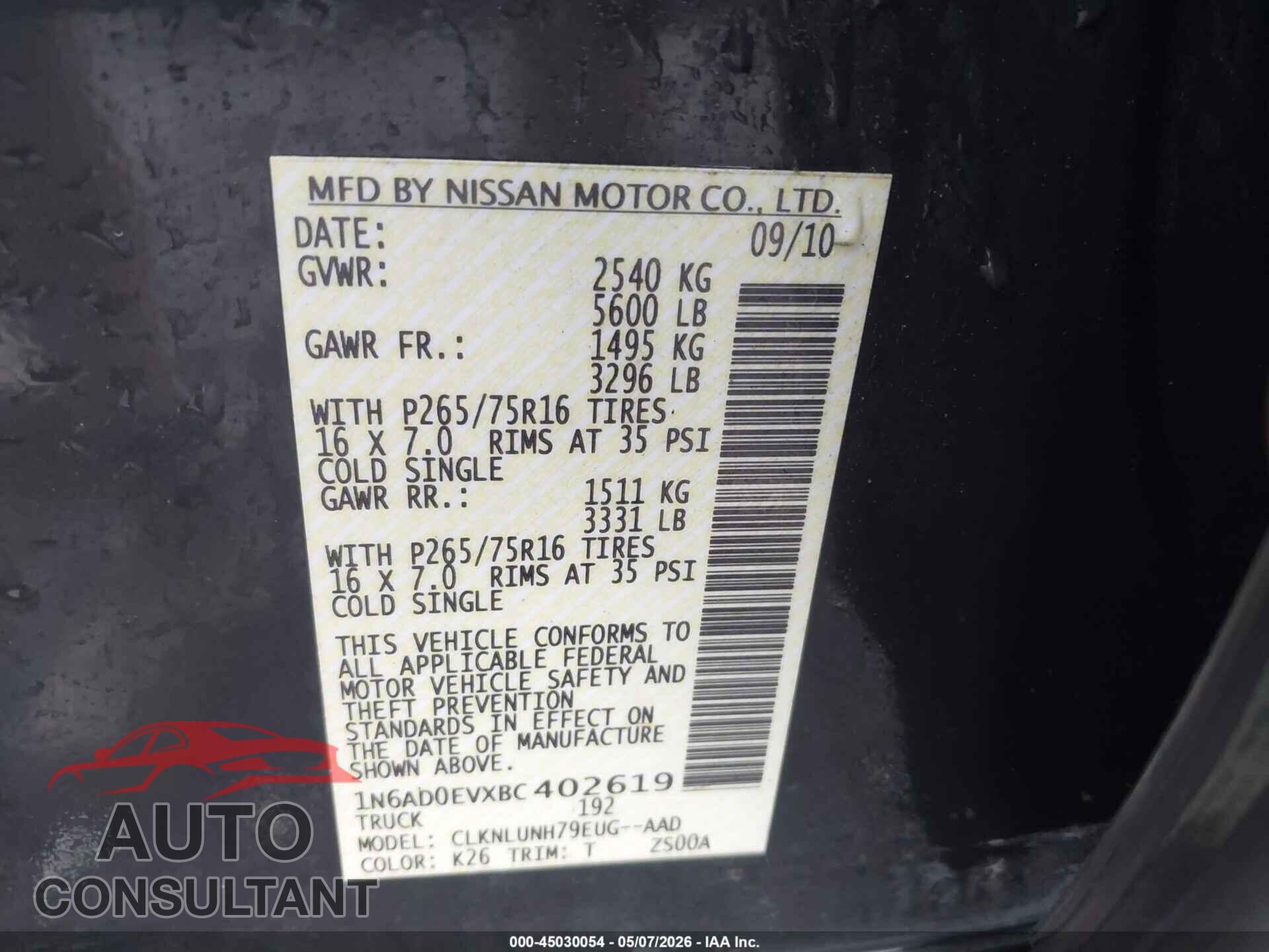 NISSAN FRONTIER 2011 - 1N6AD0EVXBC402619