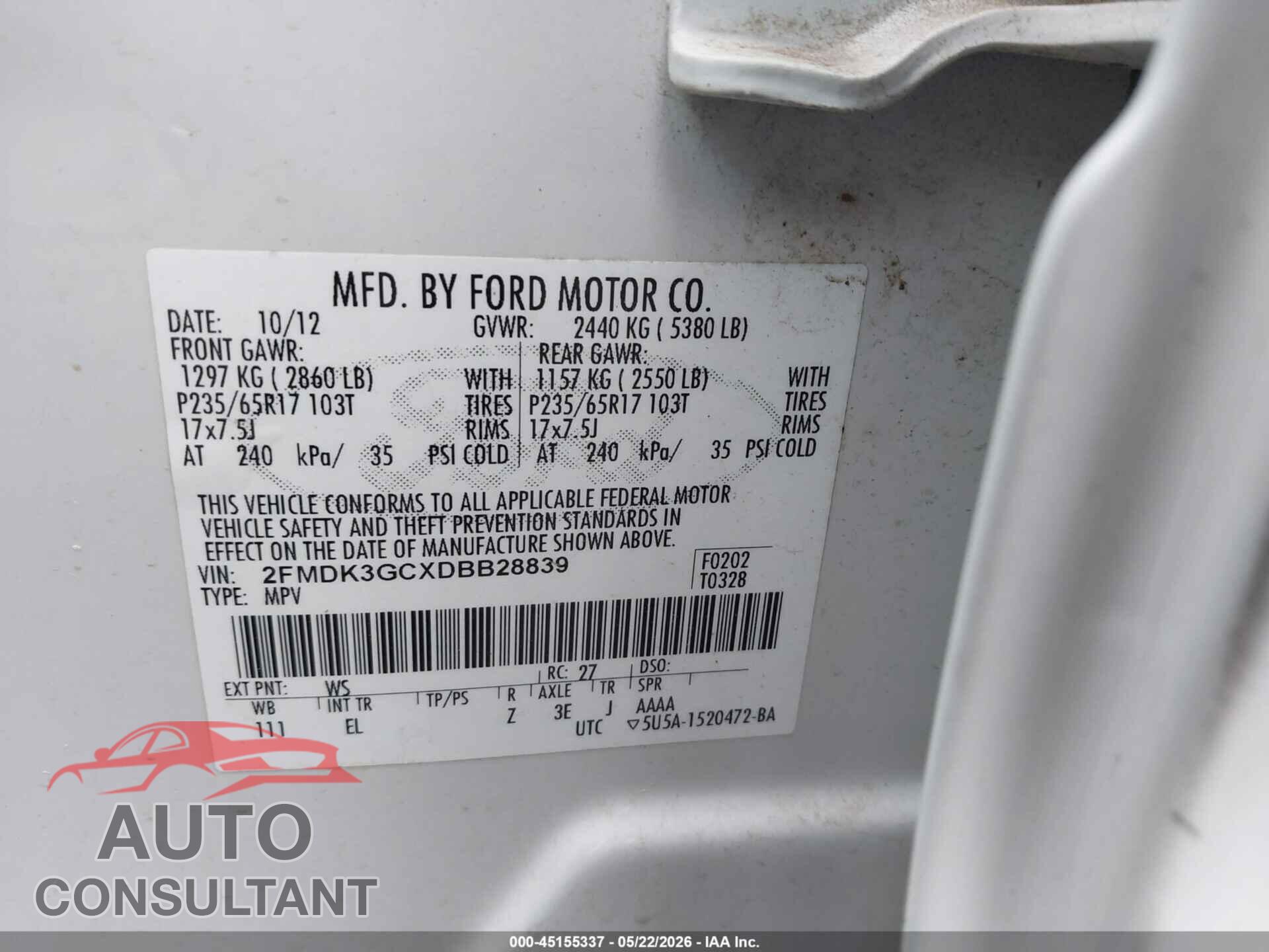 FORD EDGE 2013 - 2FMDK3GCXDBB28839
