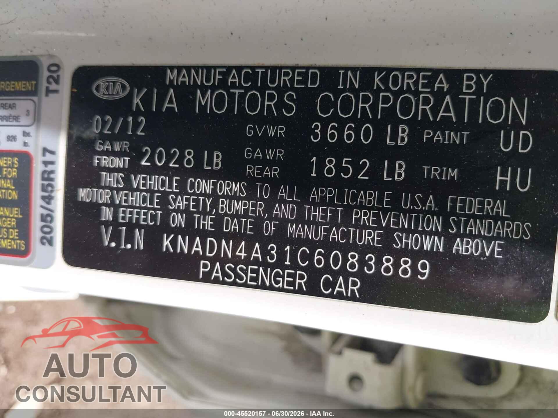 KIA RIO 2012 - KNADN4A31C6083889