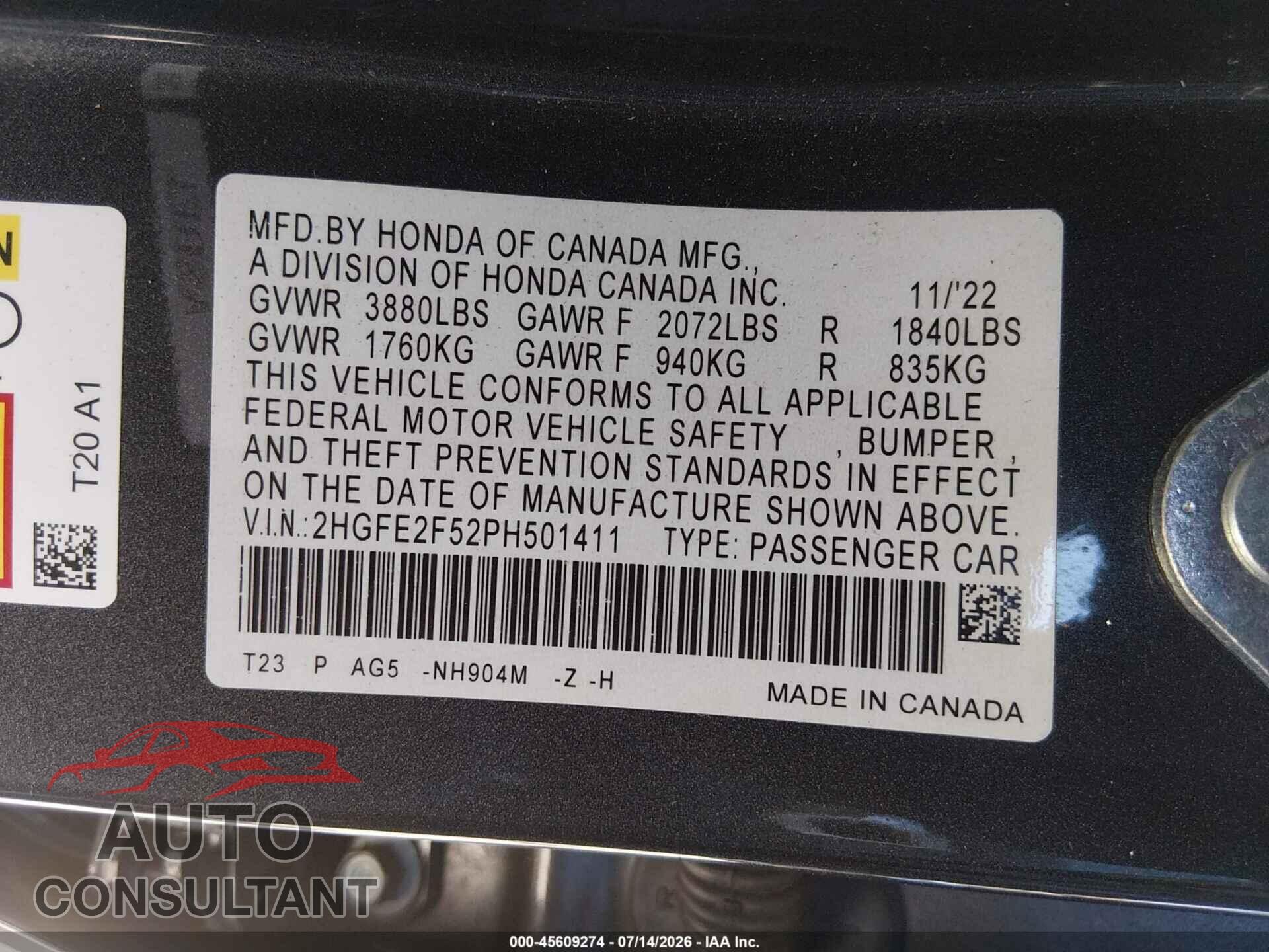 HONDA CIVIC 2023 - 2HGFE2F52PH501411
