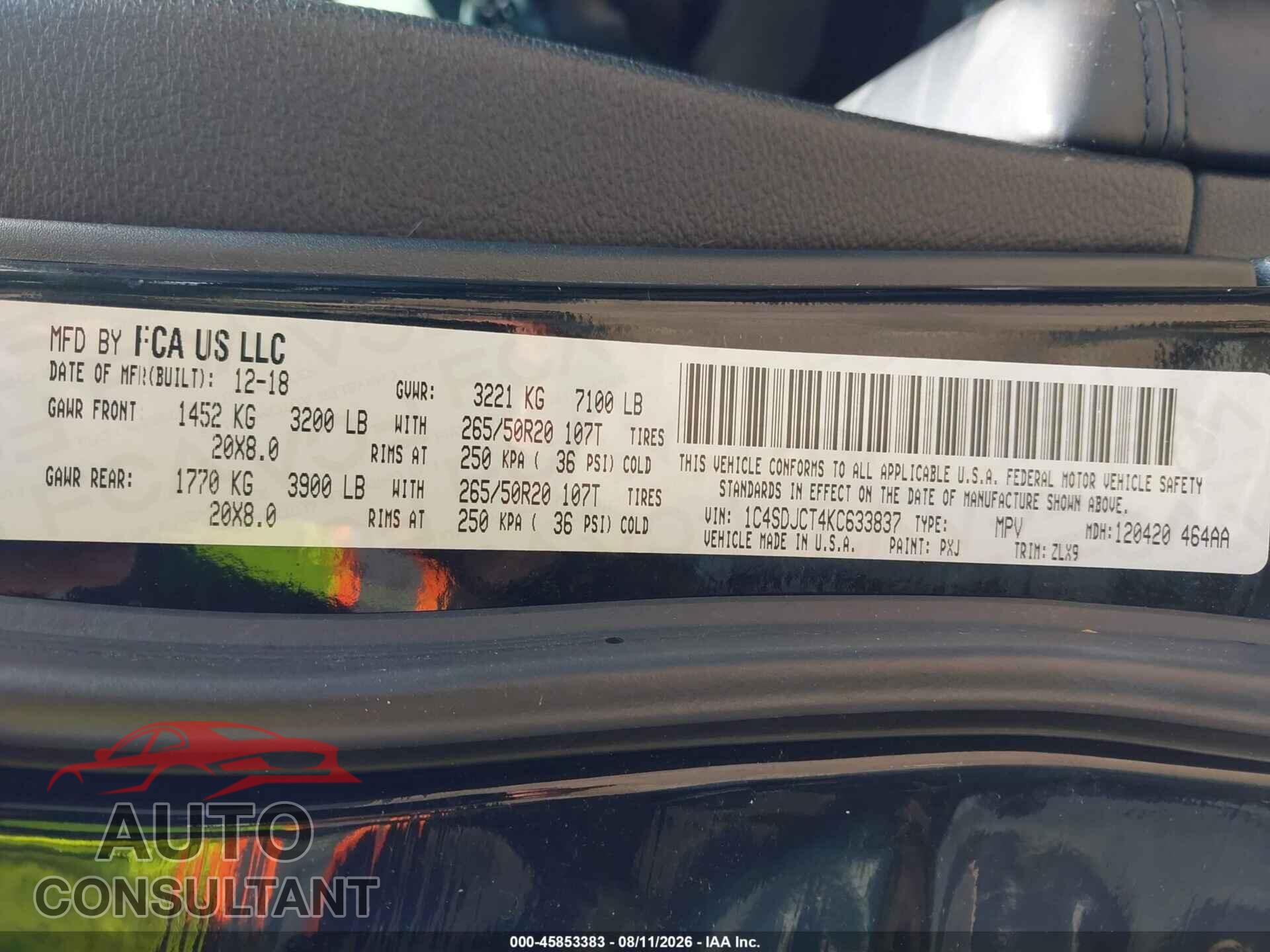 DODGE DURANGO 2019 - 1C4SDJCT4KC633837