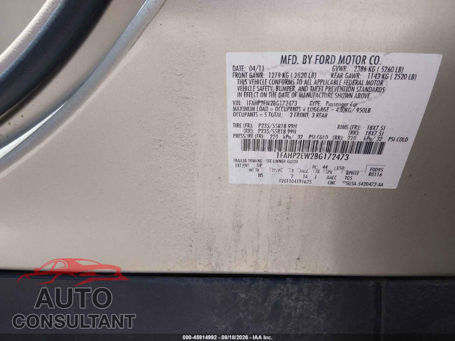 FORD TAURUS 2011 - 1FAHP2EW2BG172473