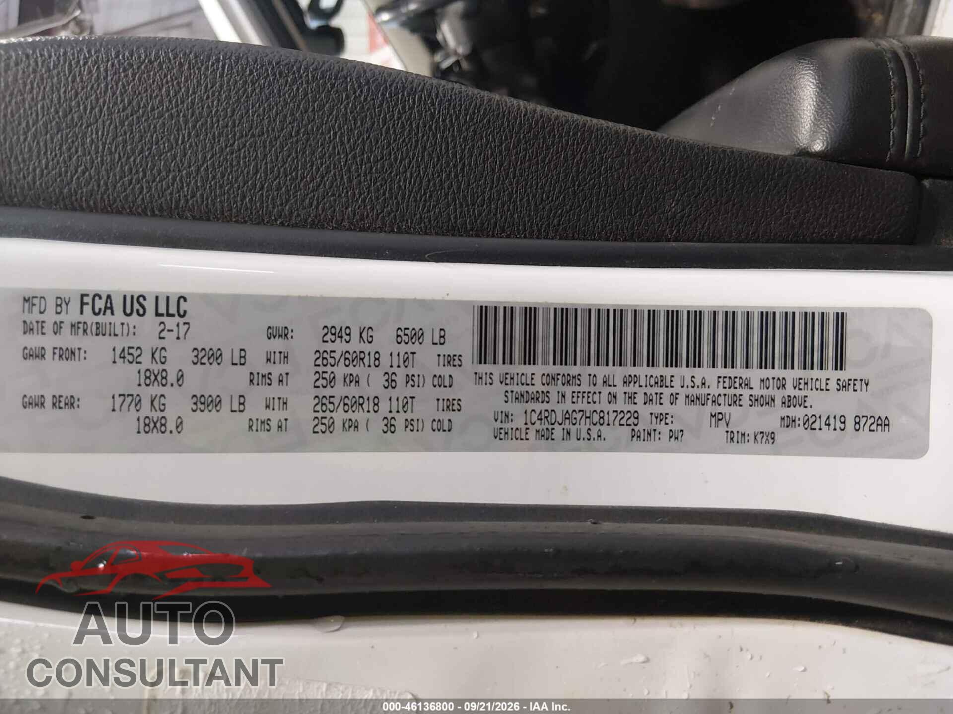 DODGE DURANGO 2017 - 1C4RDJAG7HC817229