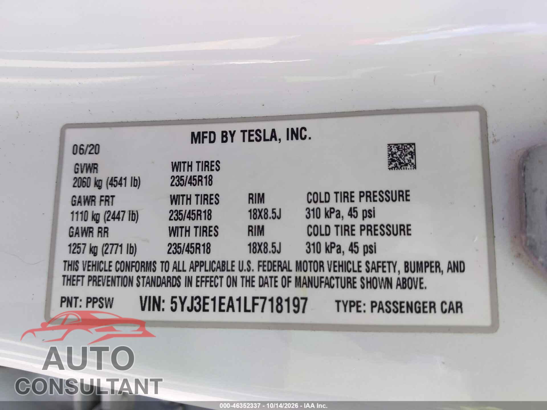 TESLA MODEL 3 2020 - 5YJ3E1EA1LF718197