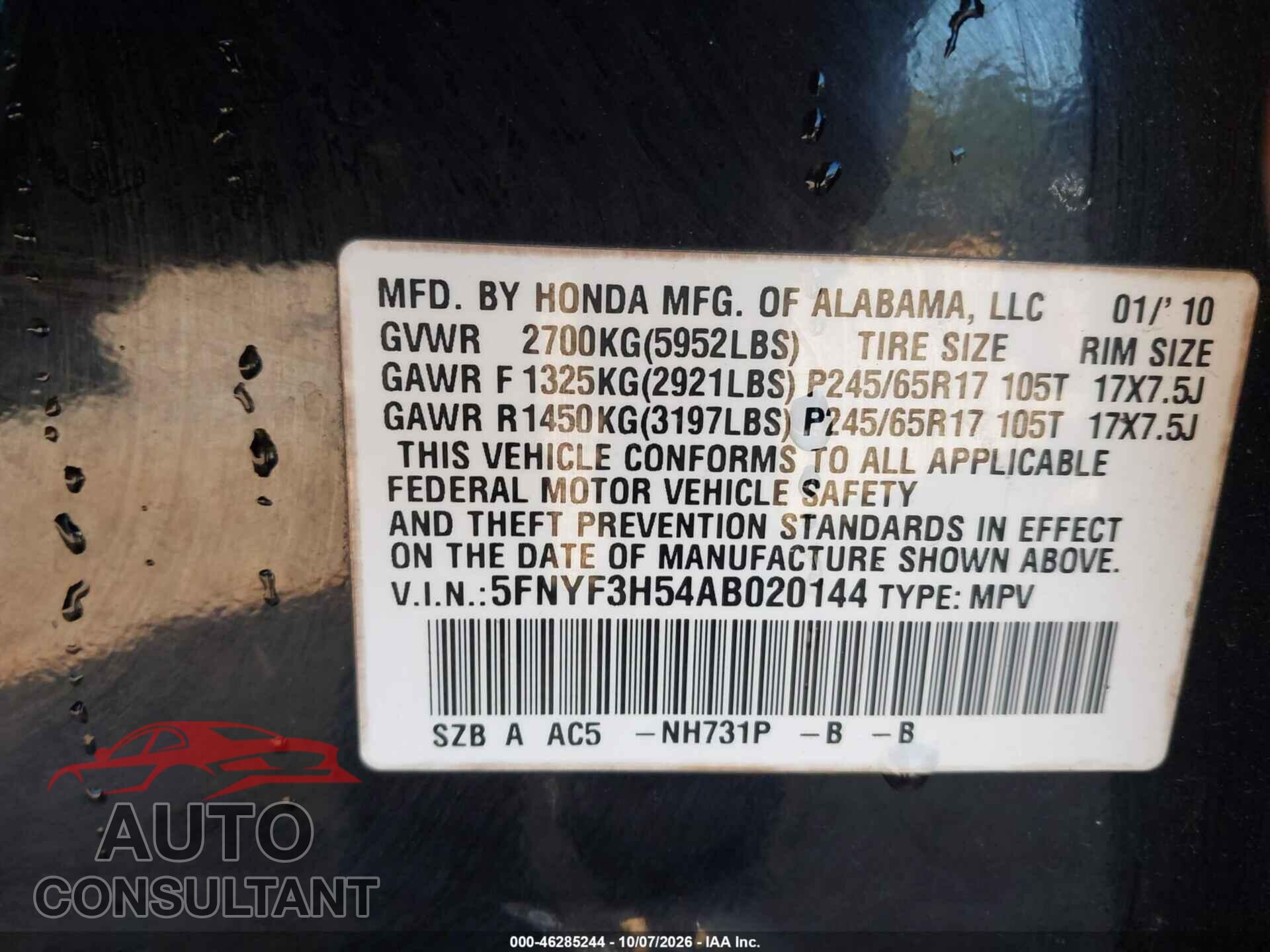 HONDA PILOT 2010 - 5FNYF3H54AB020144