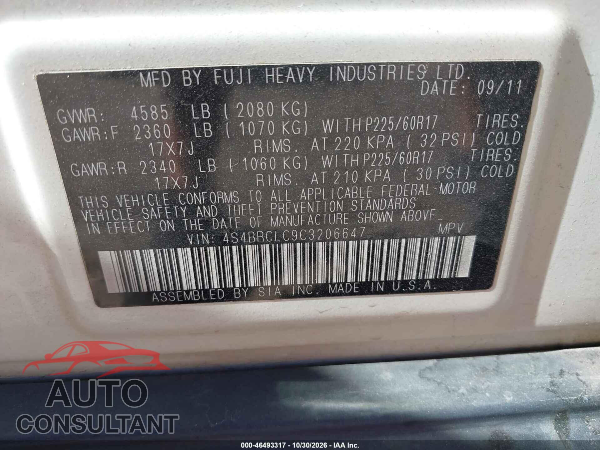 SUBARU OUTBACK 2012 - 4S4BRCLC9C3206647