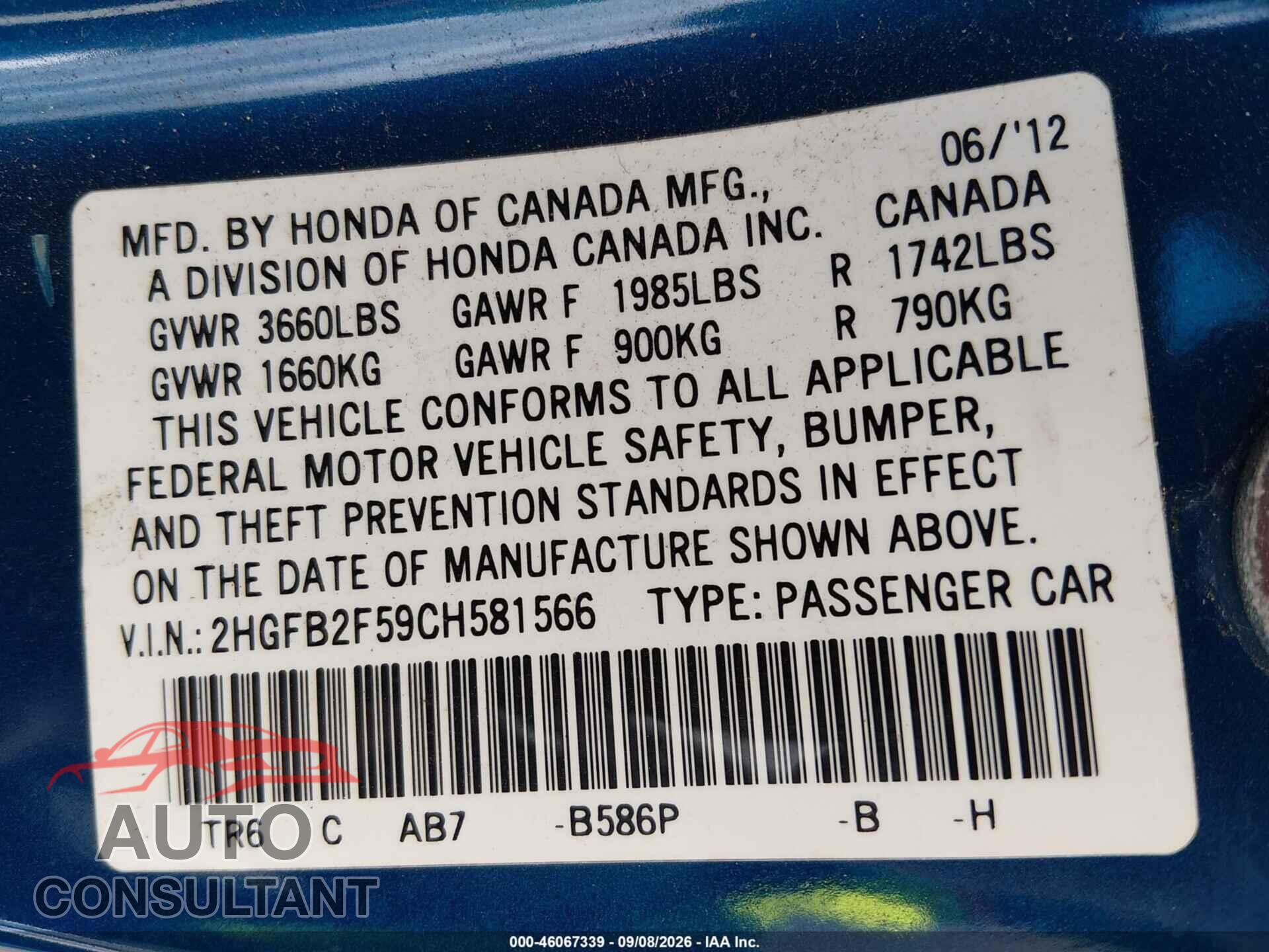 HONDA CIVIC 2012 - 2HGFB2F59CH581566