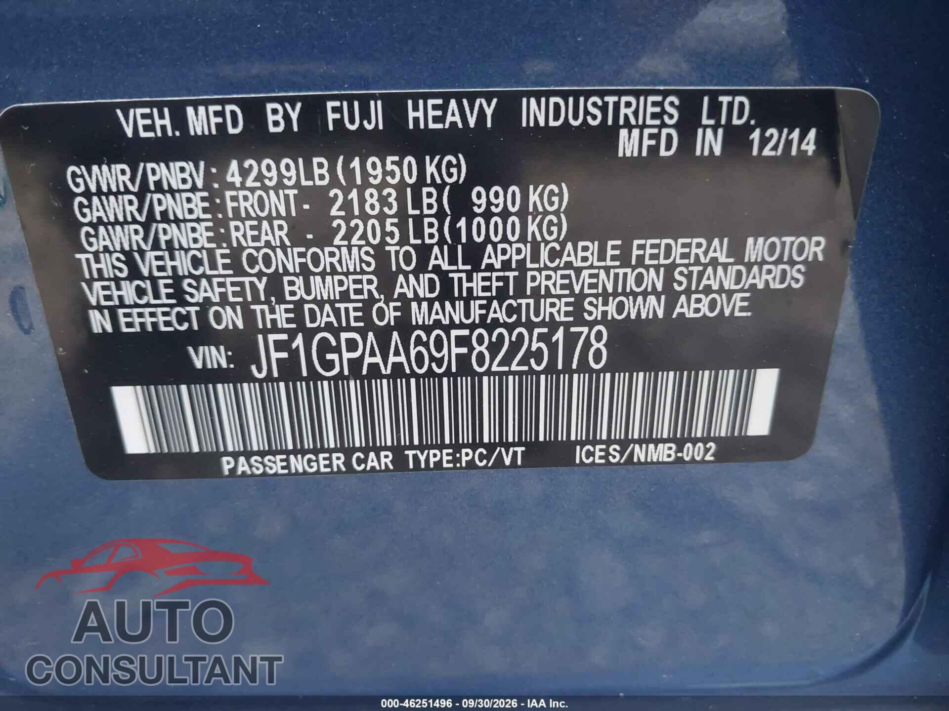 SUBARU IMPREZA 2015 - JF1GPAA69F8225178