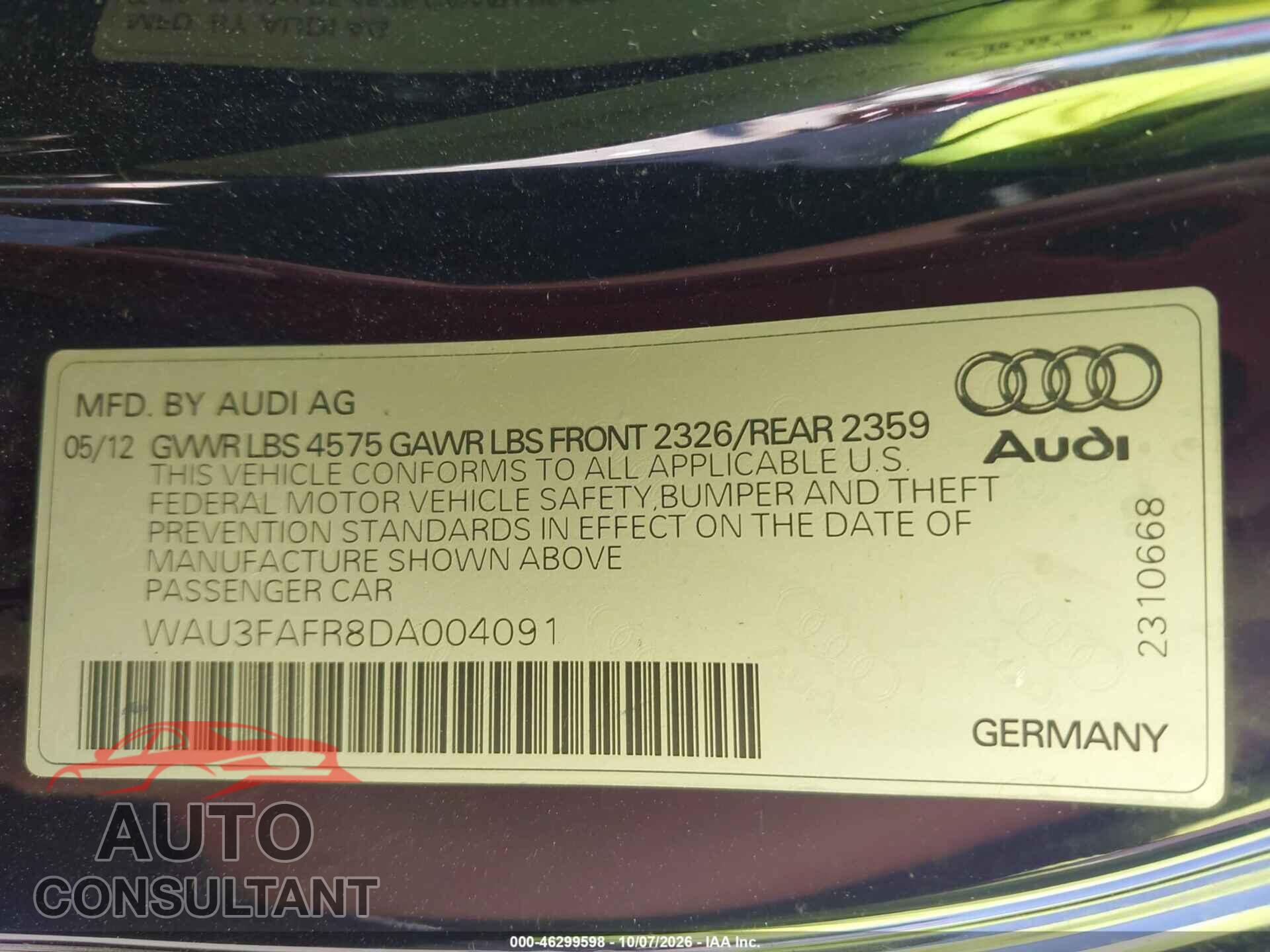 AUDI A5 2013 - WAU3FAFR8DA004091