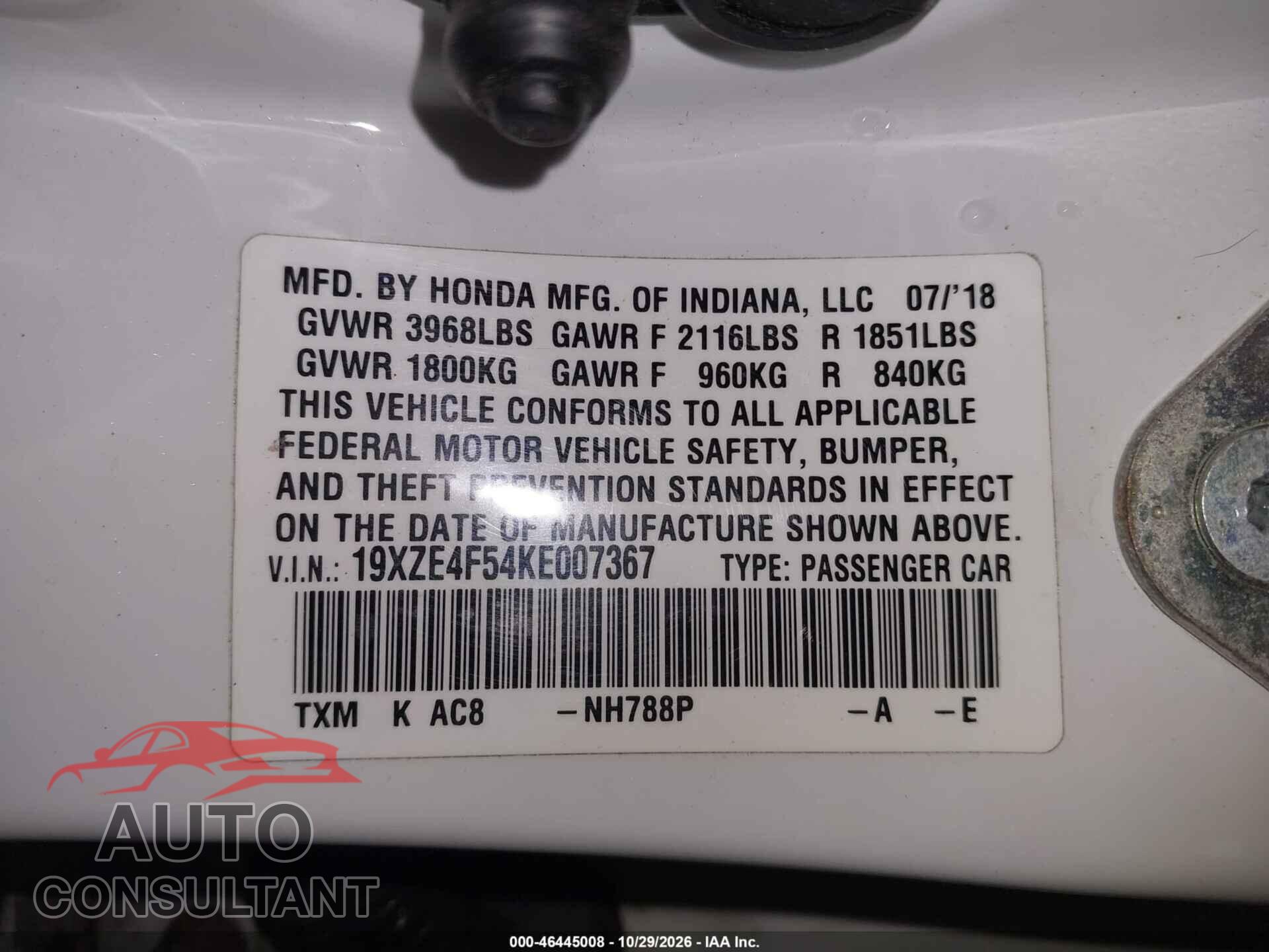 HONDA INSIGHT 2019 - 19XZE4F54KE007367