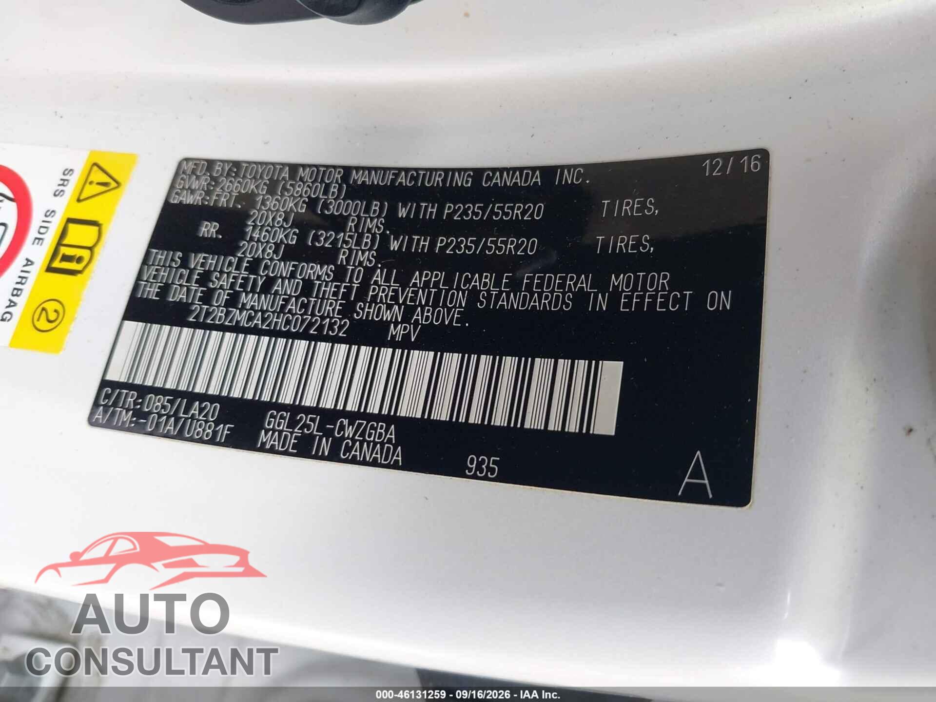 LEXUS RX 350 2017 - 2T2BZMCA2HC072132