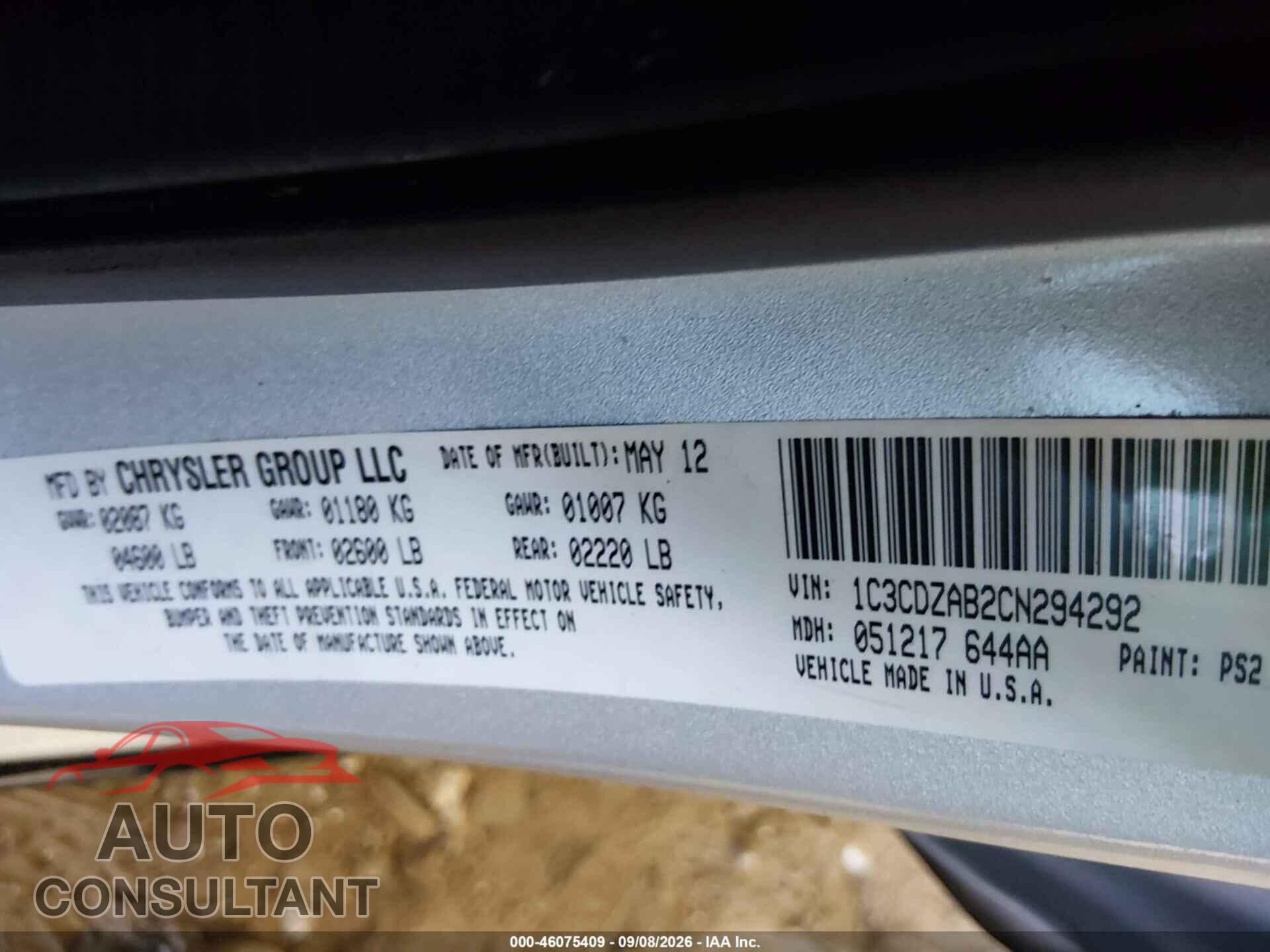 DODGE AVENGER 2012 - 1C3CDZAB2CN294292