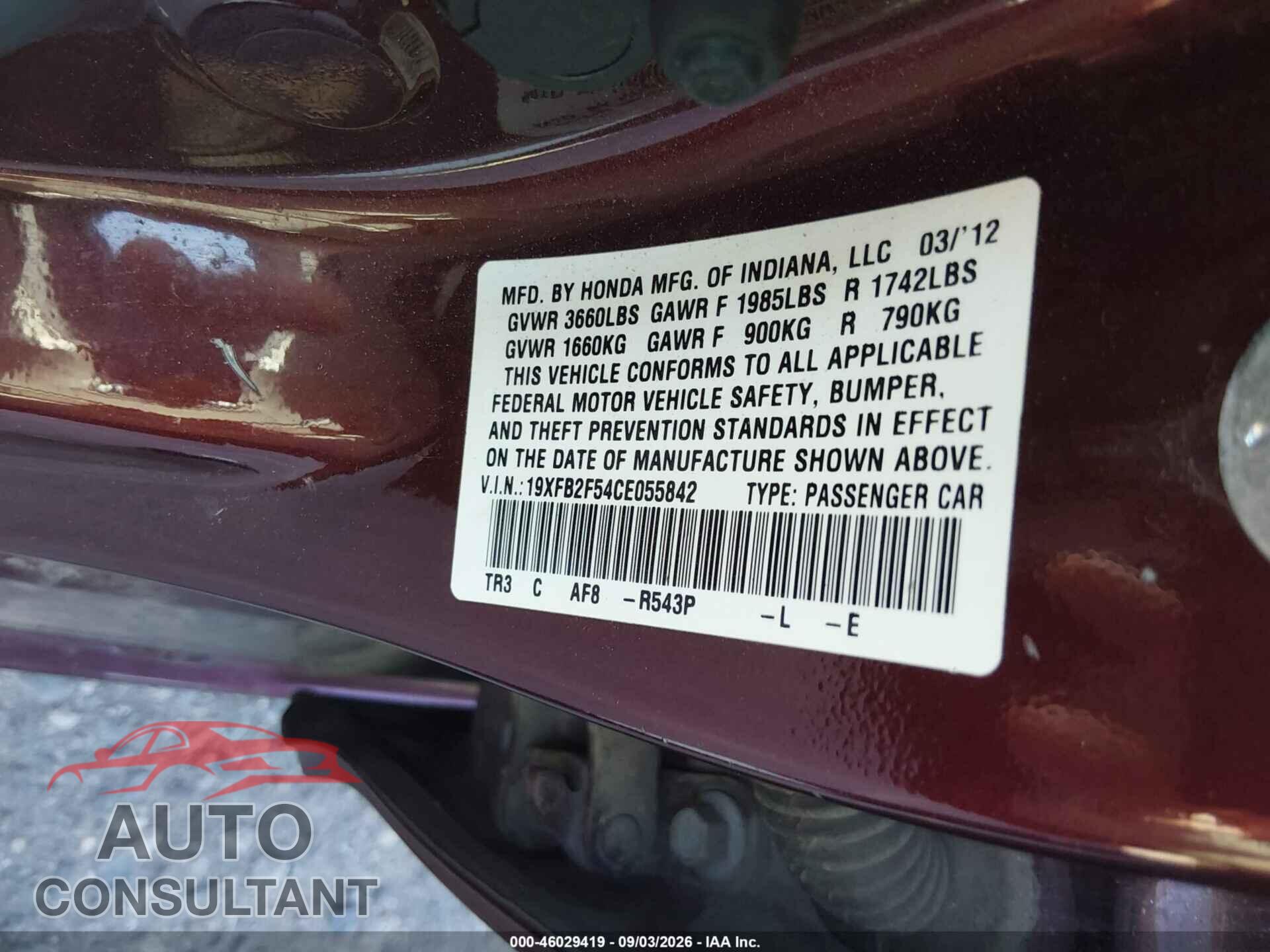 HONDA CIVIC 2012 - 19XFB2F54CE055842