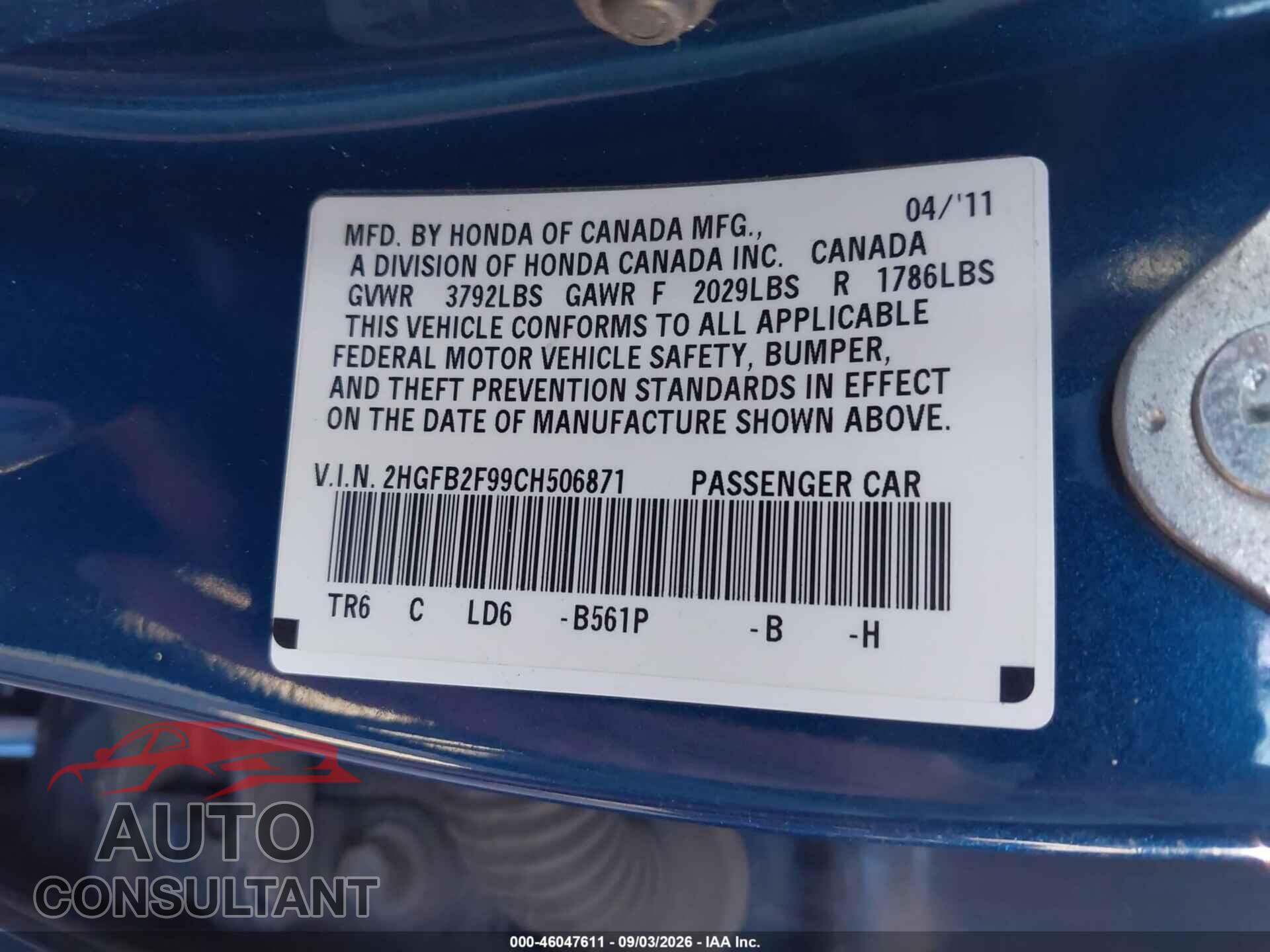 HONDA CIVIC 2012 - 2HGFB2F99CH506871