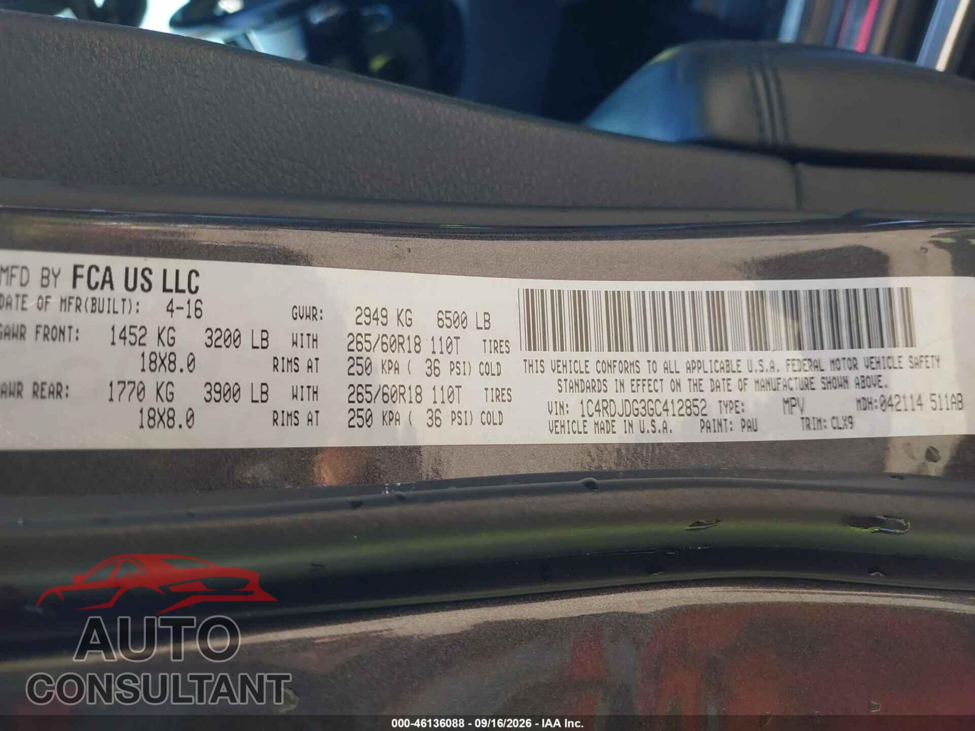 DODGE DURANGO 2016 - 1C4RDJDG3GC412852