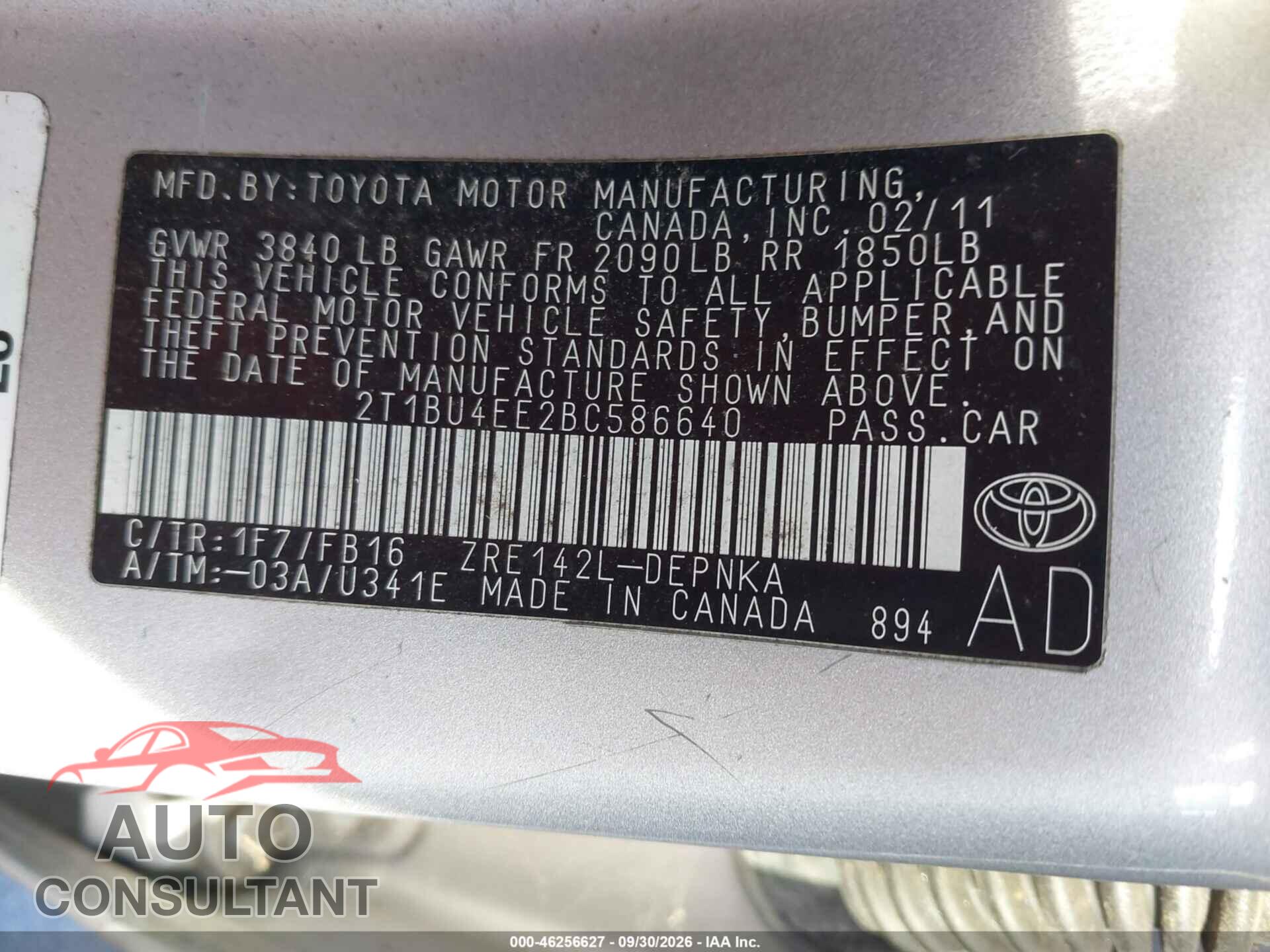 TOYOTA COROLLA 2011 - 2T1BU4EE2BC586640