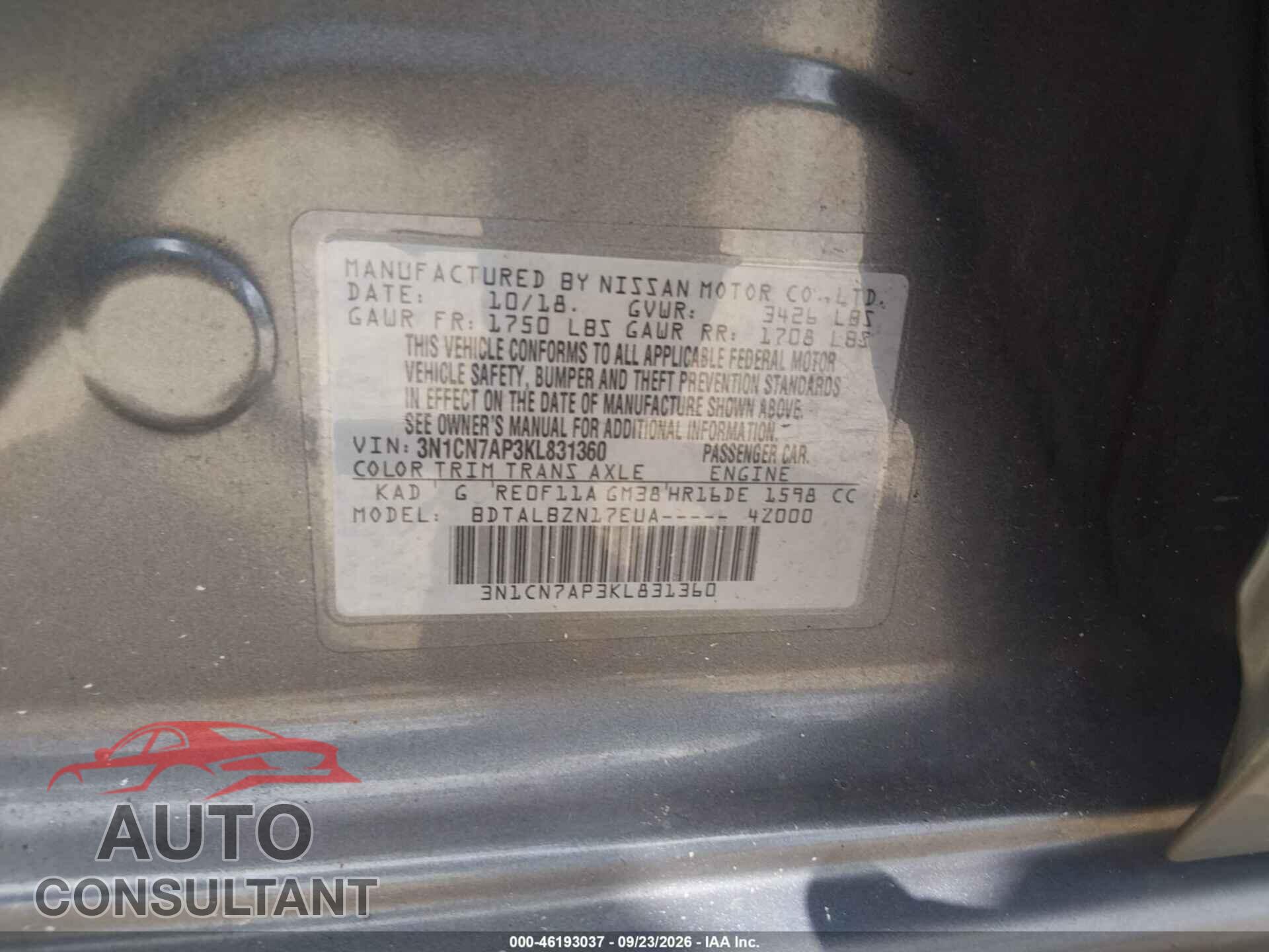NISSAN VERSA 2019 - 3N1CN7AP3KL831360