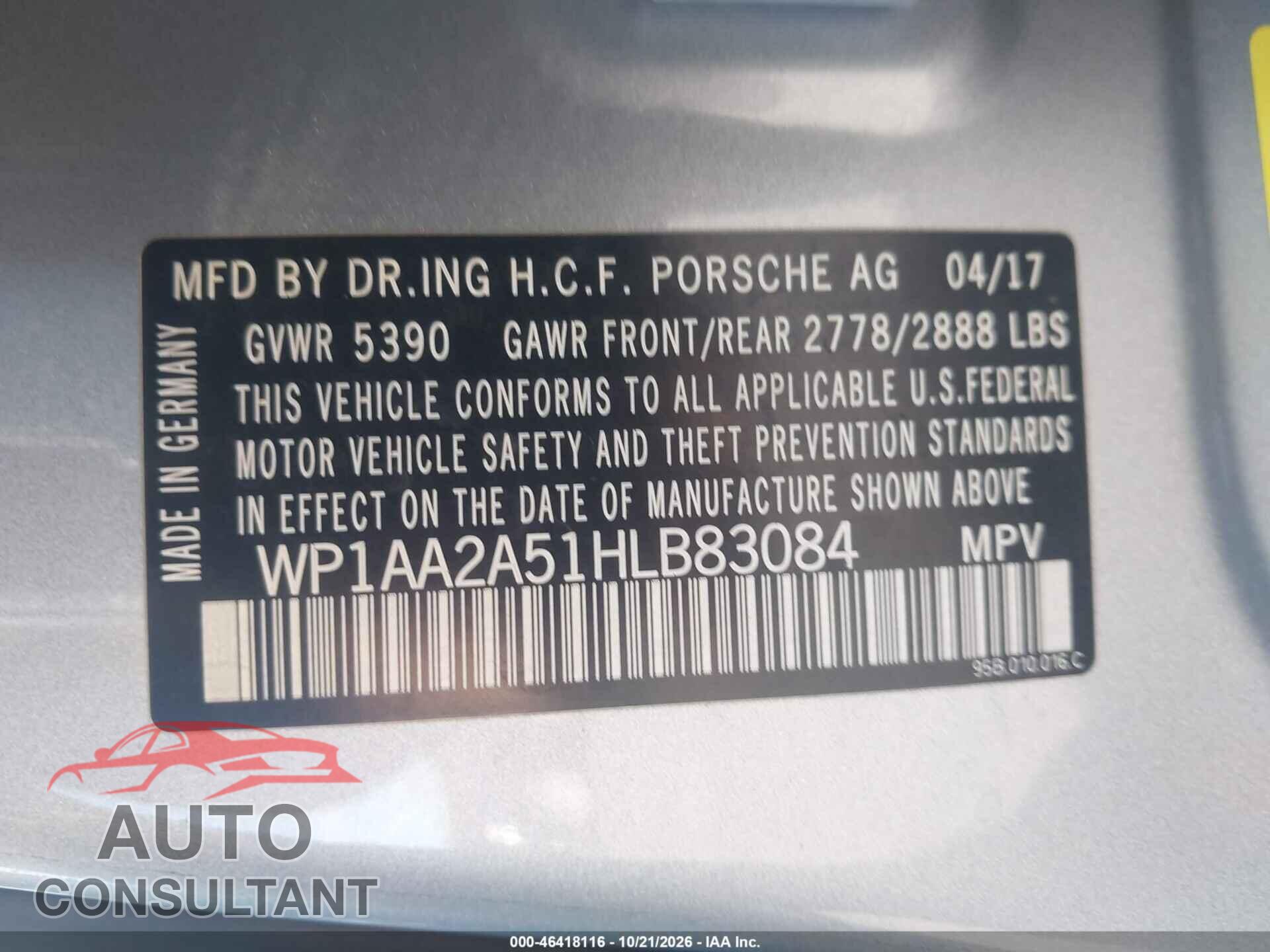 PORSCHE MACAN 2017 - WP1AA2A51HLB83084