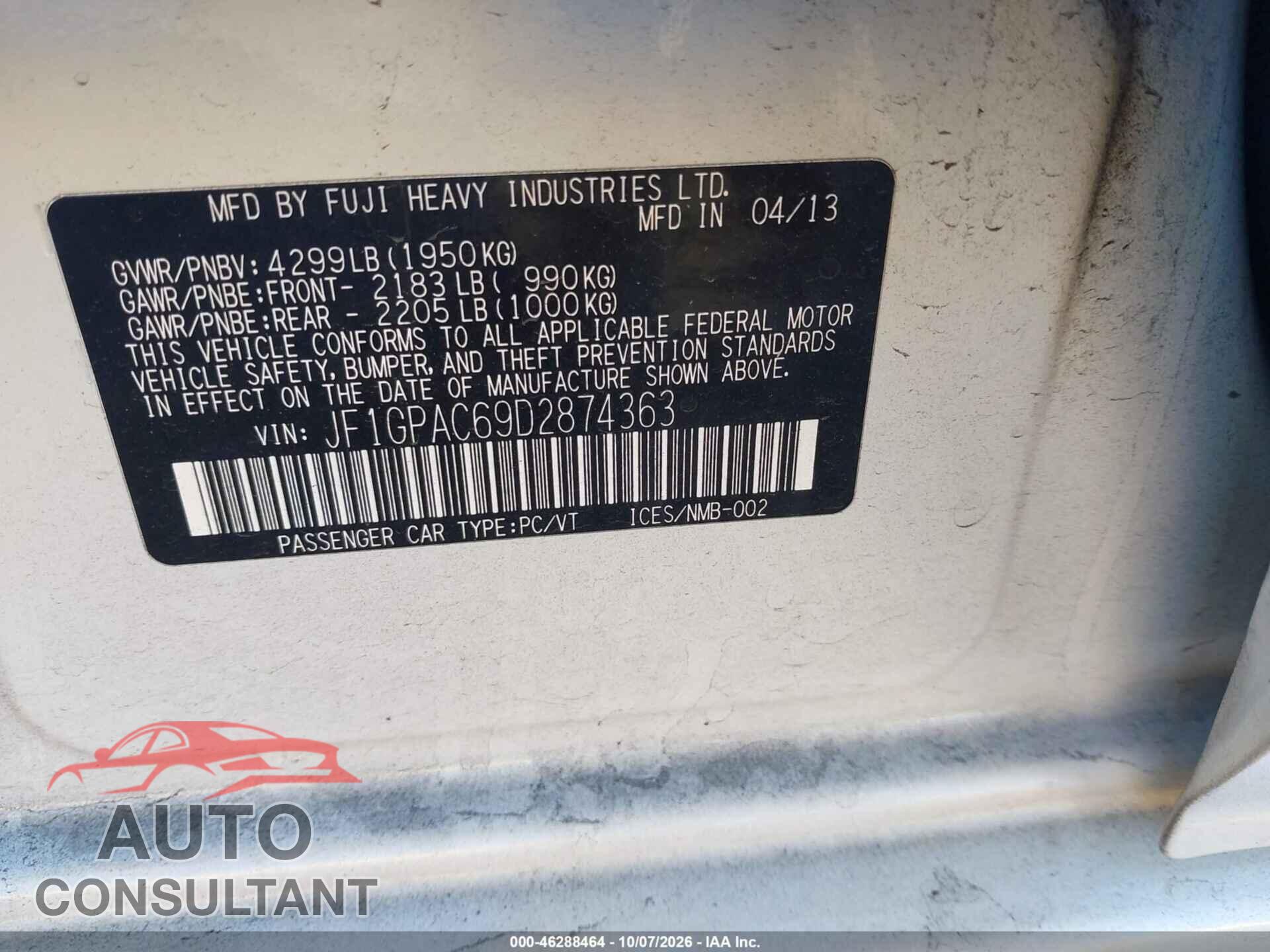 SUBARU IMPREZA 2013 - JF1GPAC69D2874363