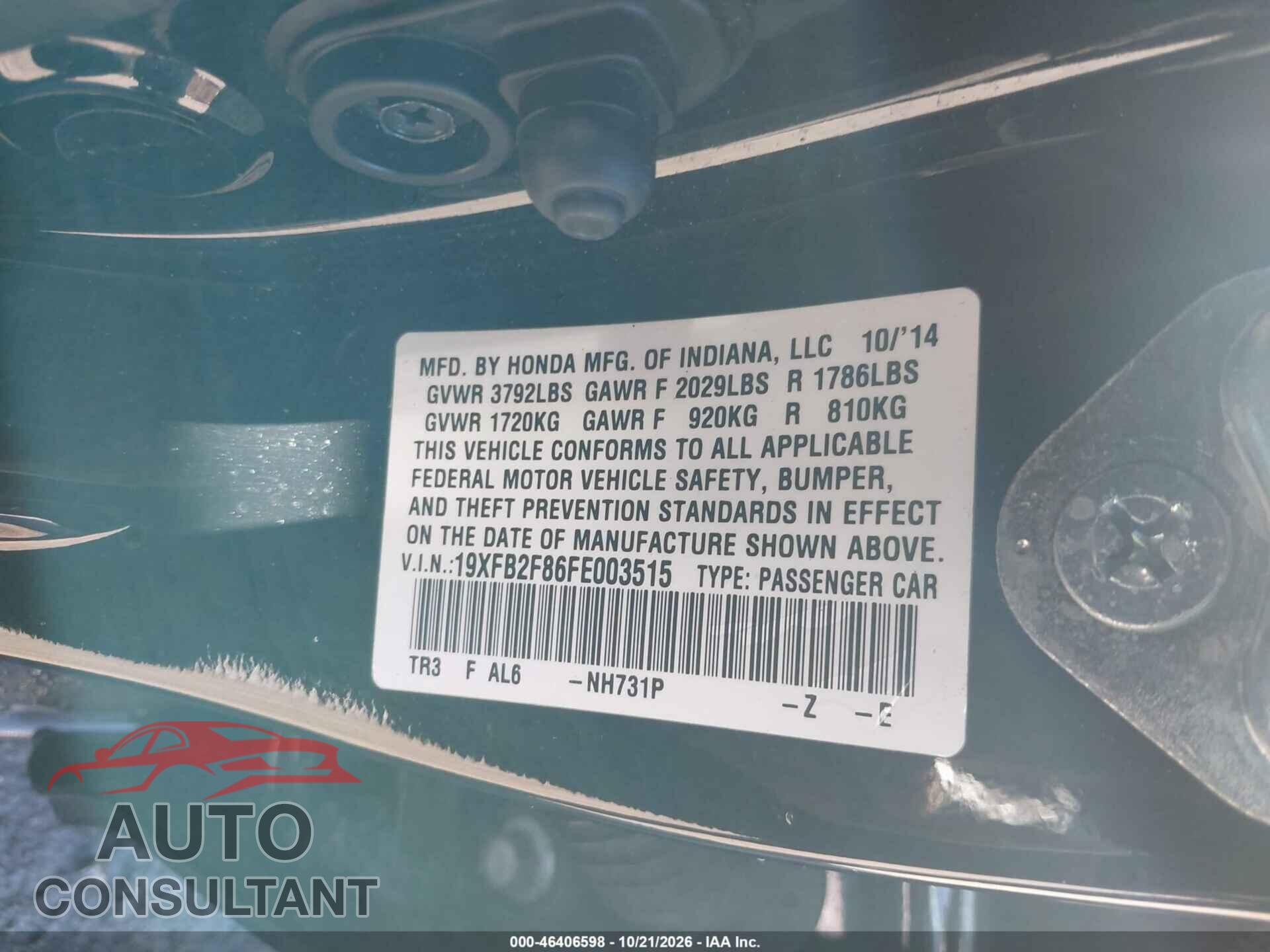 HONDA CIVIC 2015 - 19XFB2F86FE003515