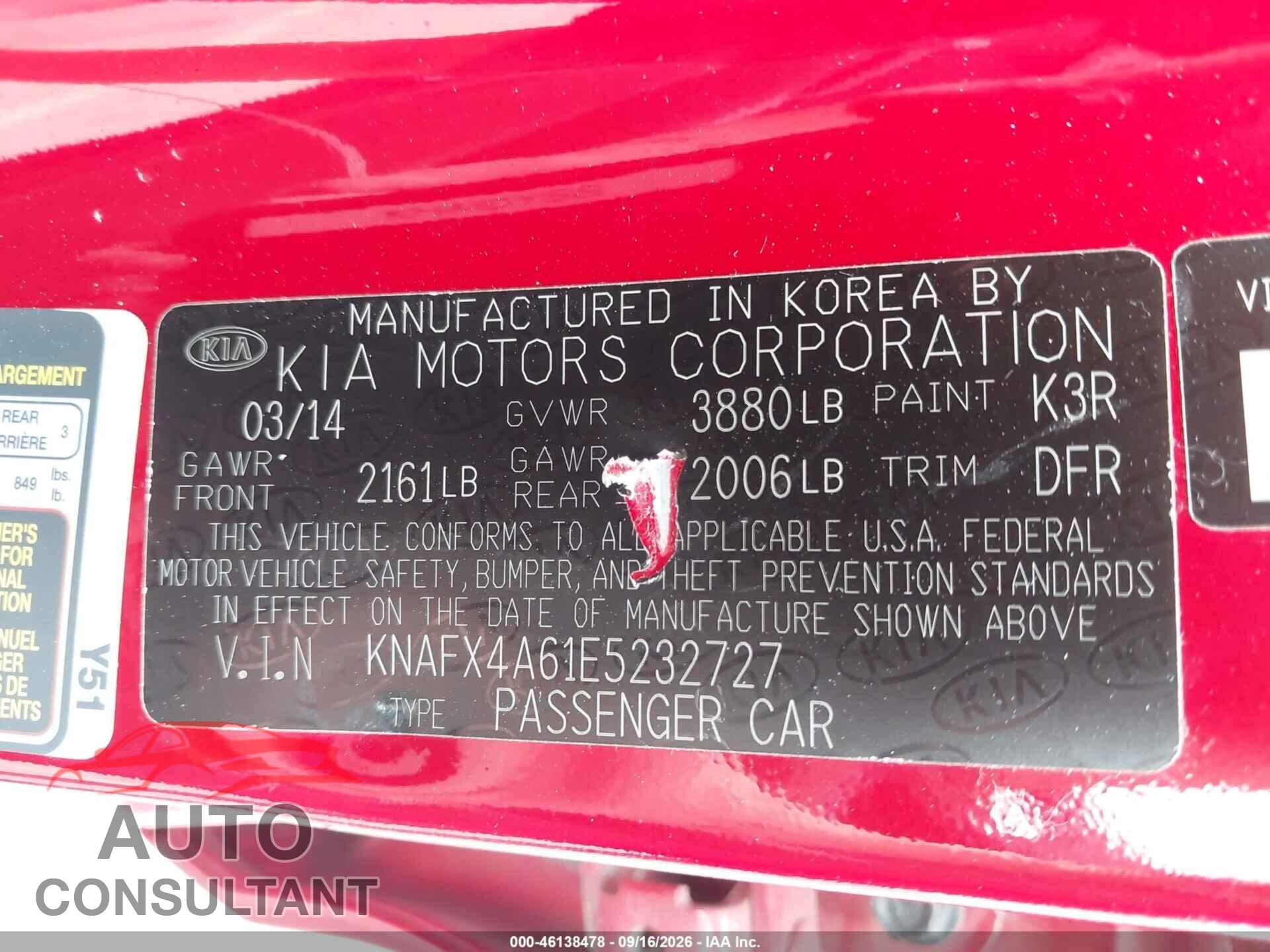 KIA FORTE 2014 - KNAFX4A61E5232727