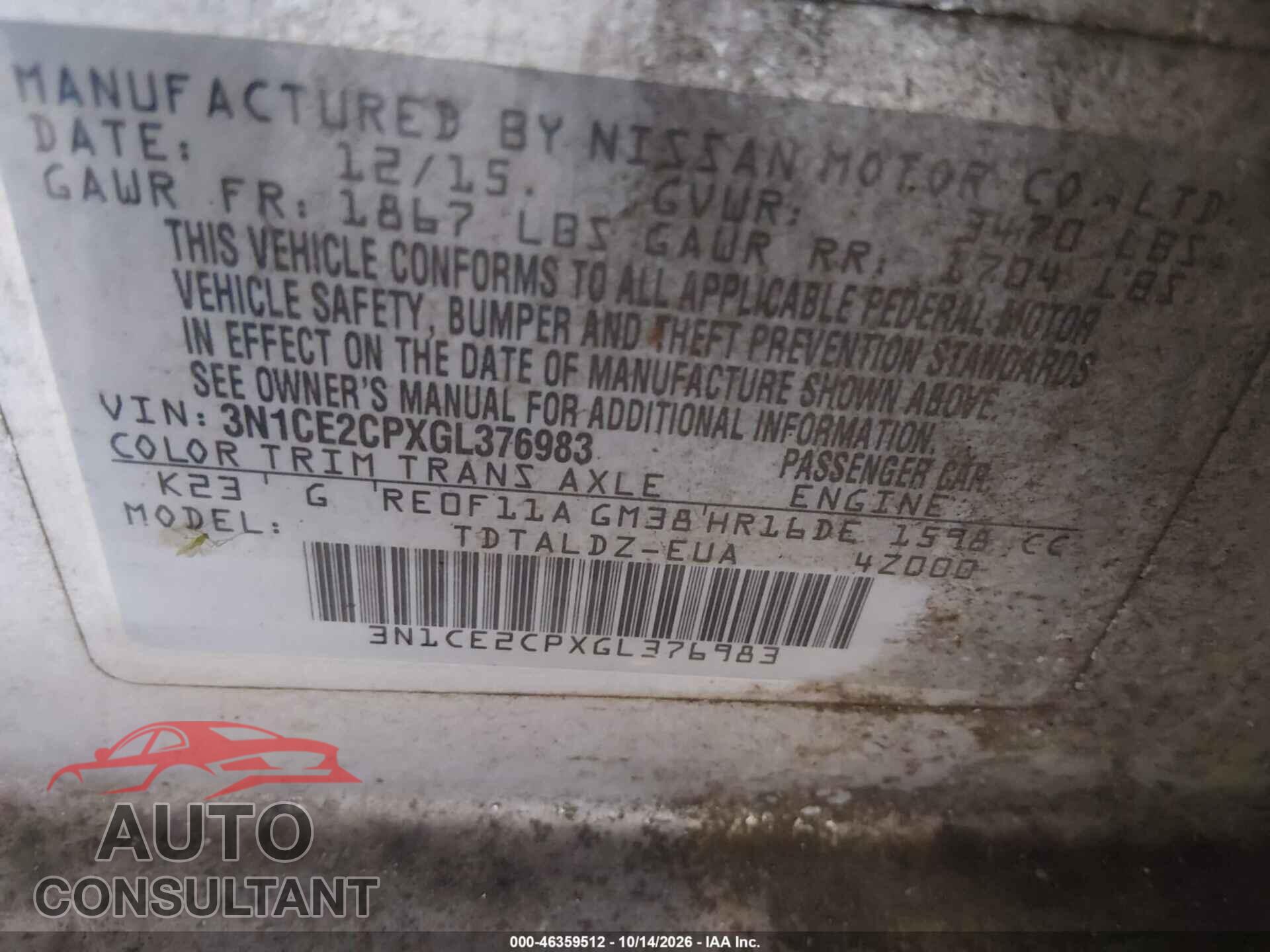 NISSAN VERSA NOTE 2016 - 3N1CE2CPXGL376983