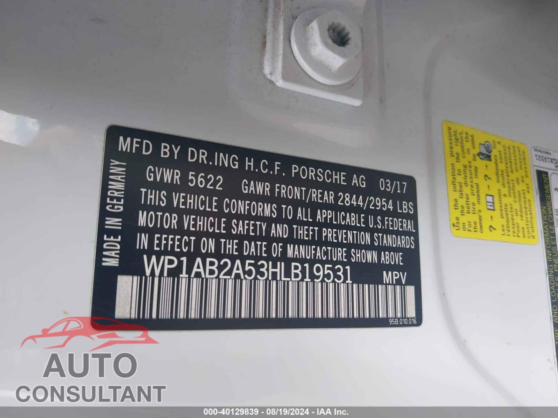 PORSCHE MACAN 2017 - WP1AB2A53HLB19531