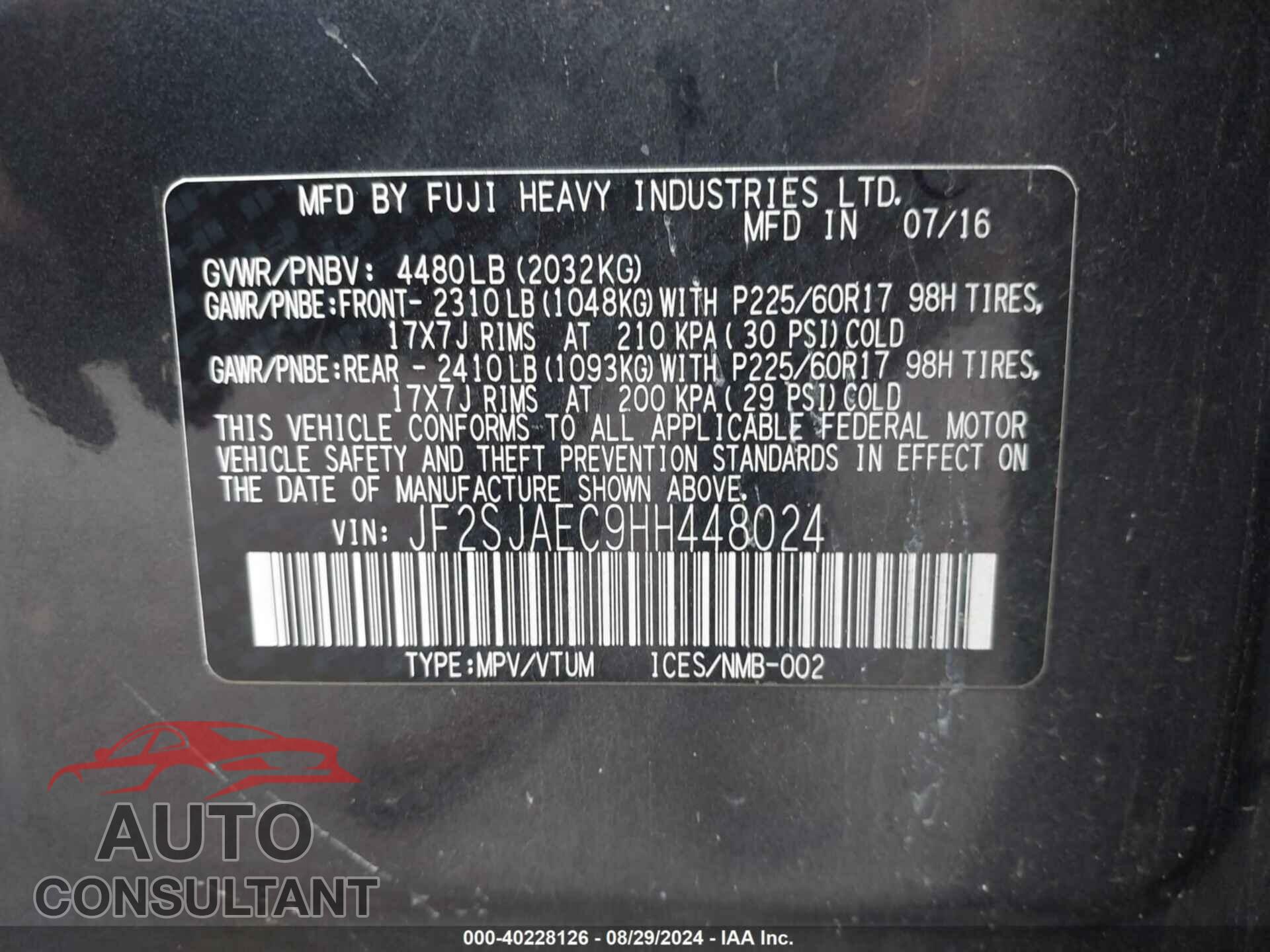 SUBARU FORESTER 2017 - JF2SJAEC9HH448024