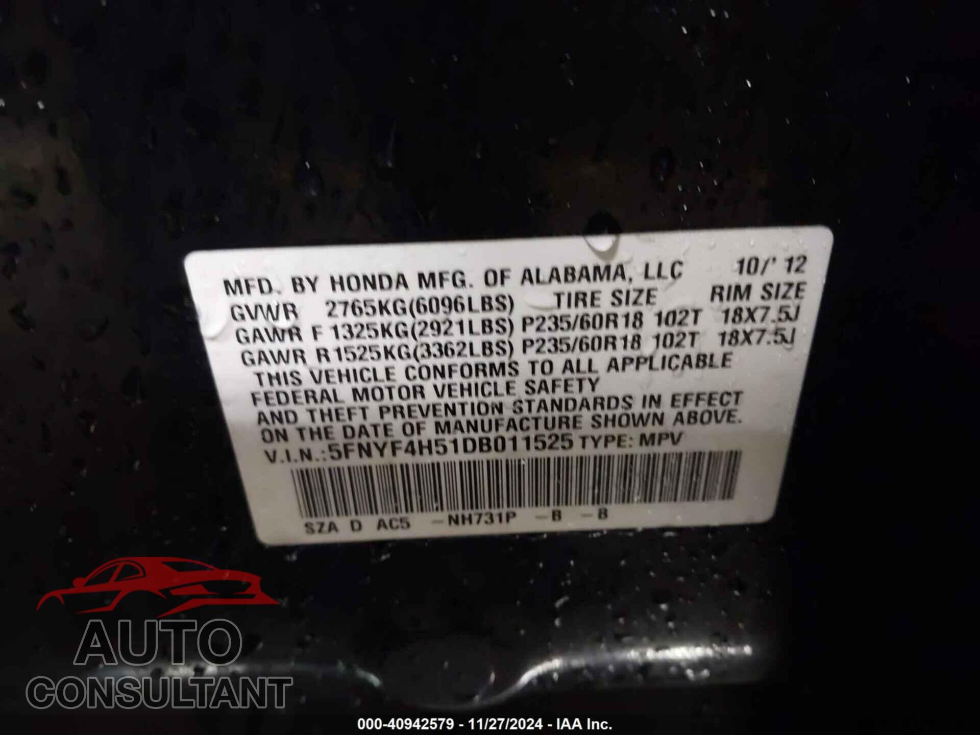 HONDA PILOT 2013 - 5FNYF4H51DB011525