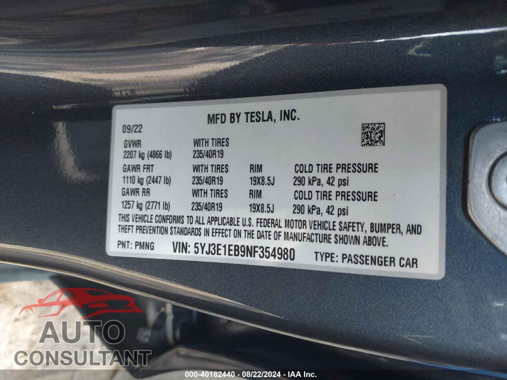 TESLA MODEL 3 2022 - 5YJ3E1EB9NF354980
