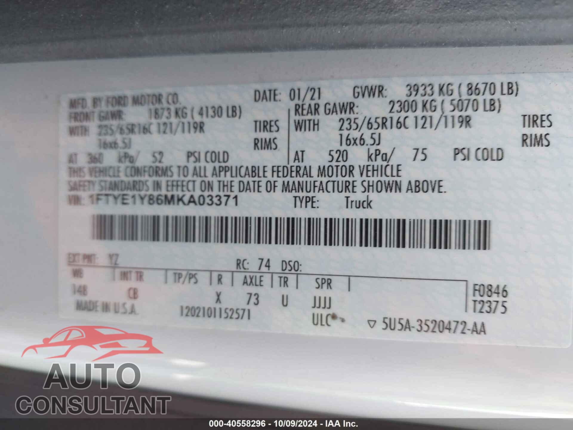 FORD TRANSIT-150 CARGO VAN 2021 - 1FTYE1Y86MKA03371
