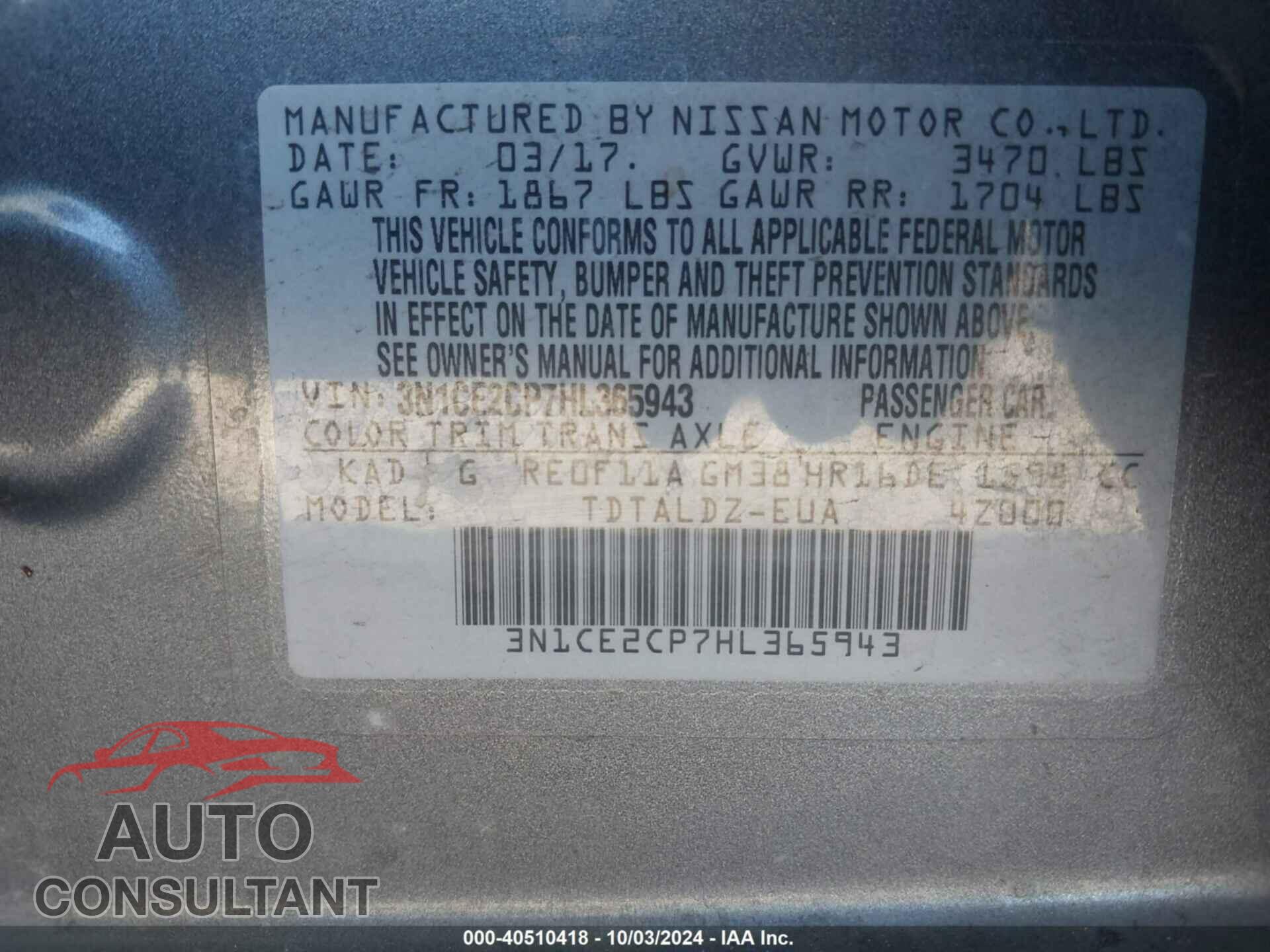 NISSAN VERSA NOTE 2017 - 3N1CE2CP7HL365943