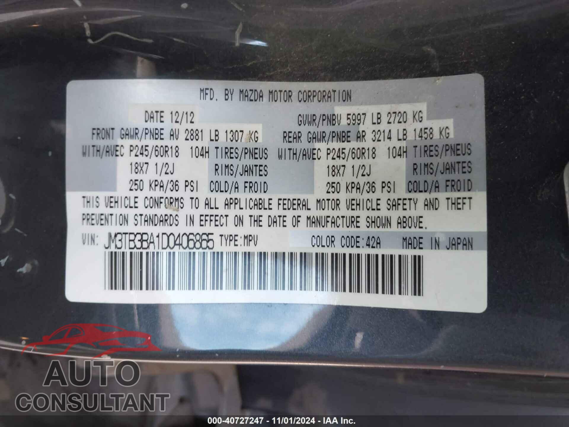 MAZDA CX-9 2013 - JM3TB3BA1D0406865