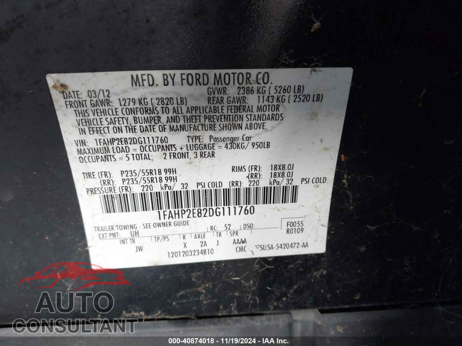 FORD TAURUS 2013 - 1FAHP2E82DG111760