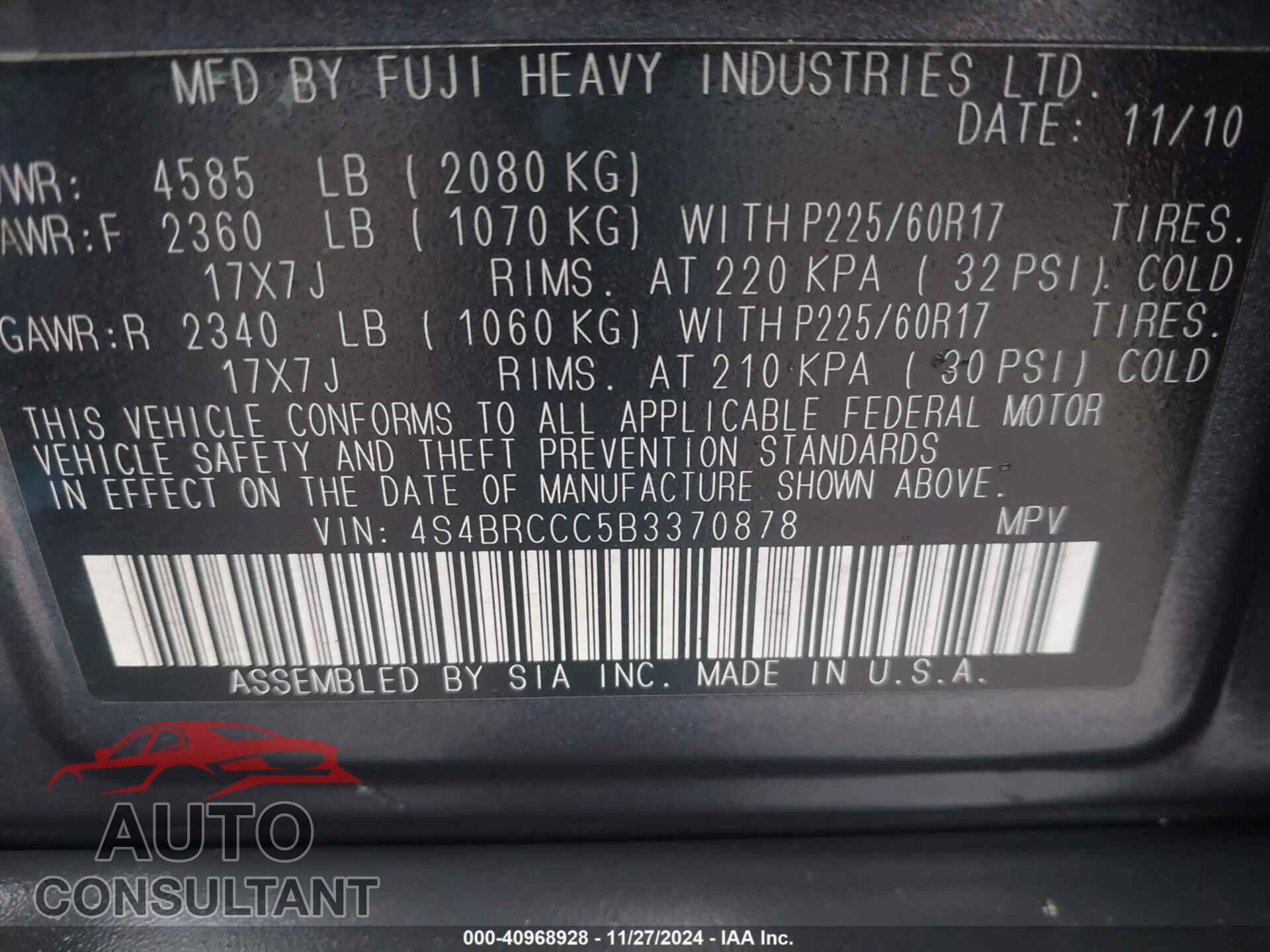 SUBARU OUTBACK 2011 - 4S4BRCCC5B3370878