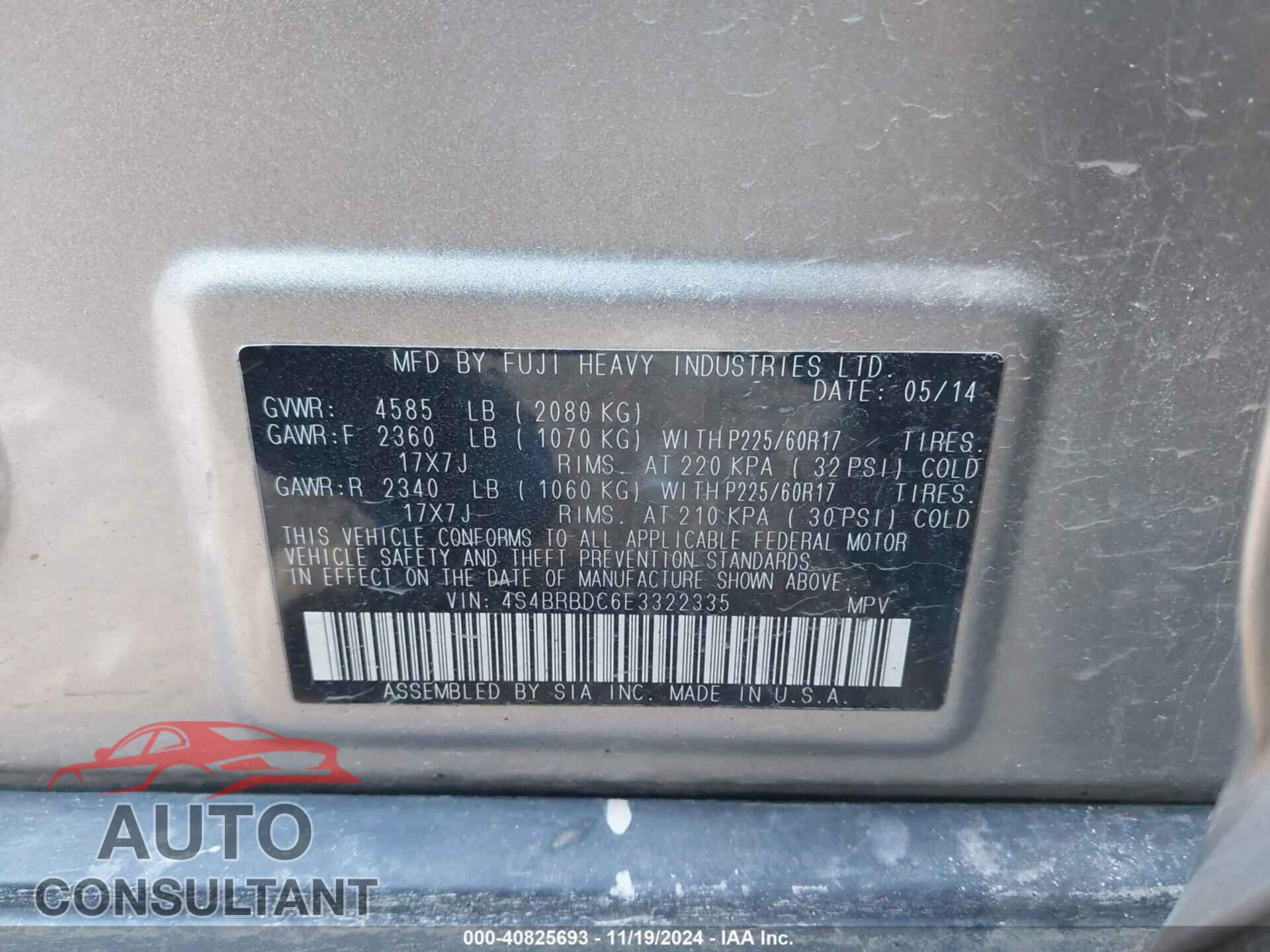 SUBARU OUTBACK 2014 - 4S4BRBDC6E3322335