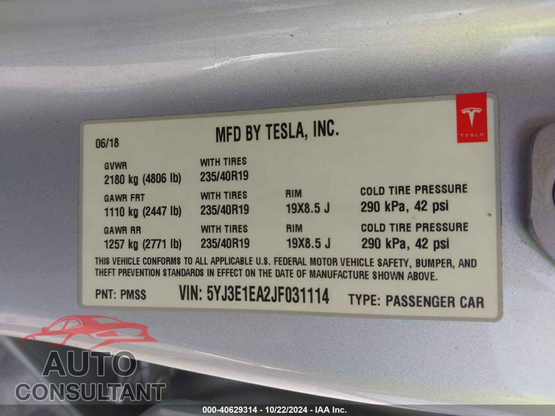 TESLA MODEL 3 2018 - 5YJ3E1EA2JF031114