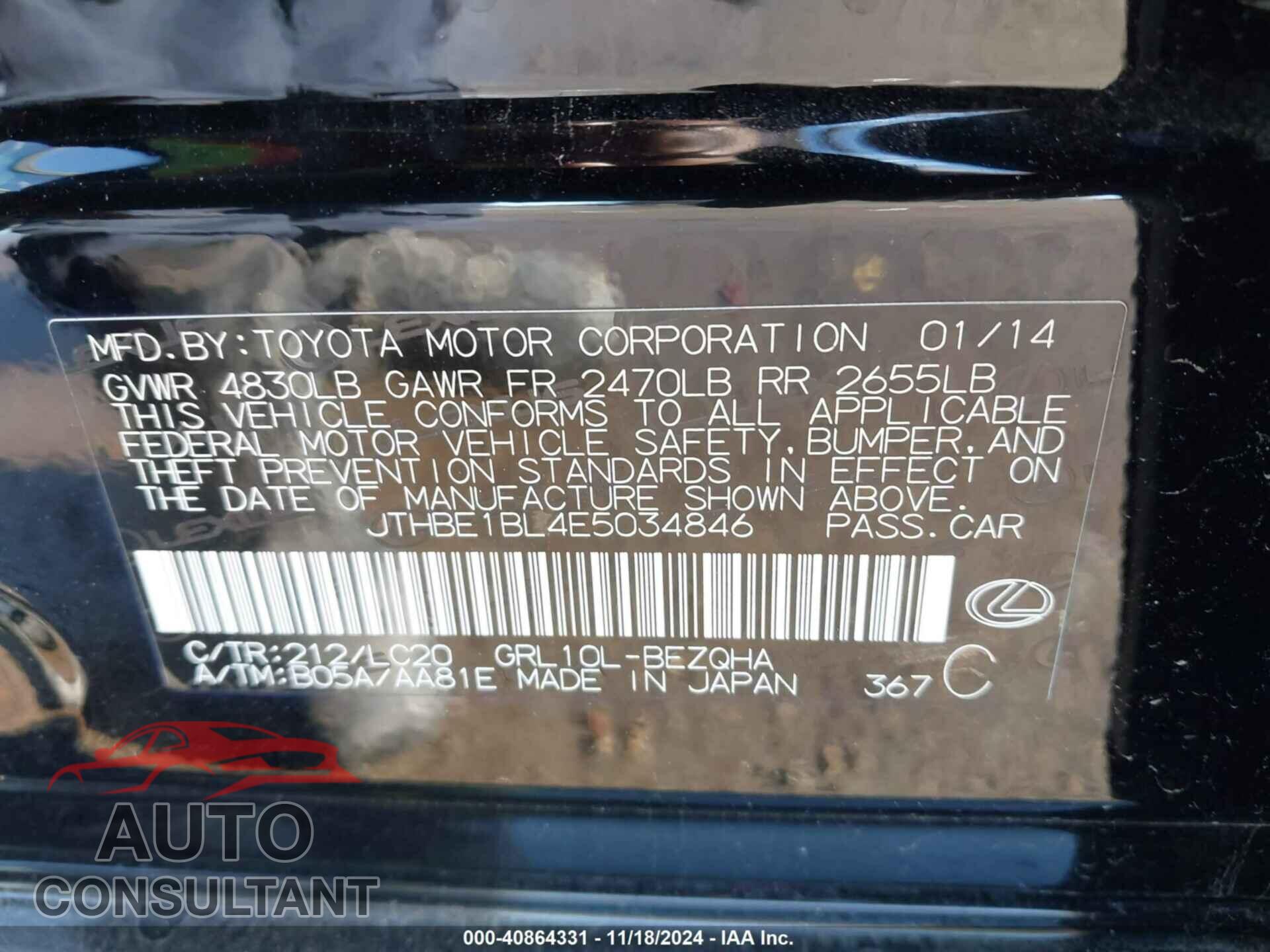 LEXUS GS 350 2014 - JTHBE1BL4E5034846