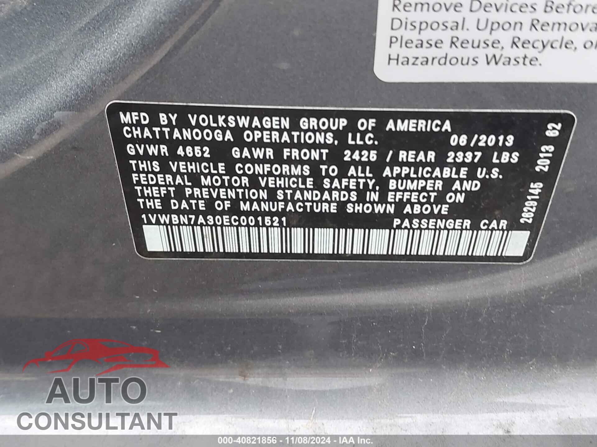 VOLKSWAGEN PASSAT 2014 - 1VWBN7A30EC001521