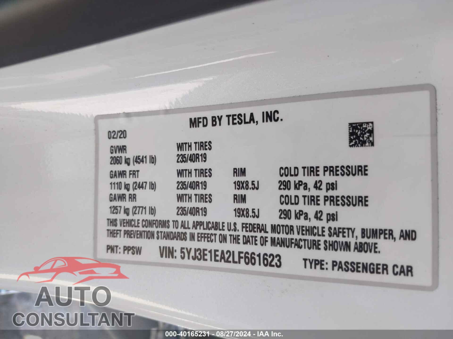 TESLA MODEL 3 2020 - 5YJ3E1EA2LF661623